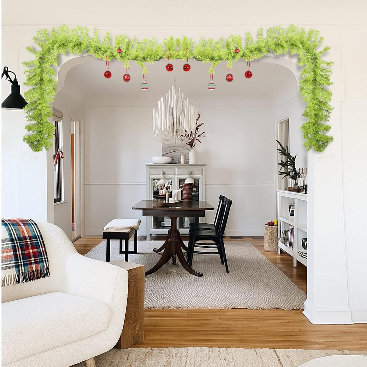 Solsew 12 ft Bright Green Whimsical Christmas Garland Holiday Garlands Indoor Outdoor Christmas Greenery Garland Decoration for Stairs Fireplace Railing Mantel Front Door Porch(Not Include Ball, Bow)