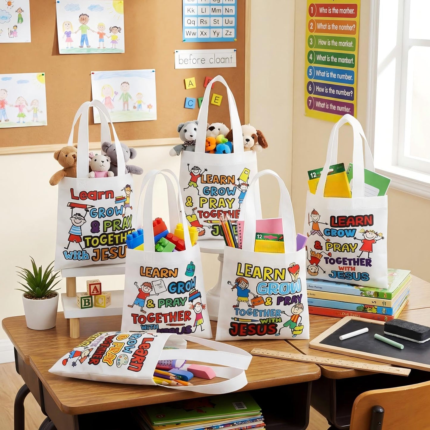 Cosblank 36 Pcs Religious Tote Bags Bulk for Kids Christian Learn Grow Pray Together with Jesus Gift Tote Christian Canvas Bags for Sunday School Church Classroom Prizes Party Favors Supplies Gift