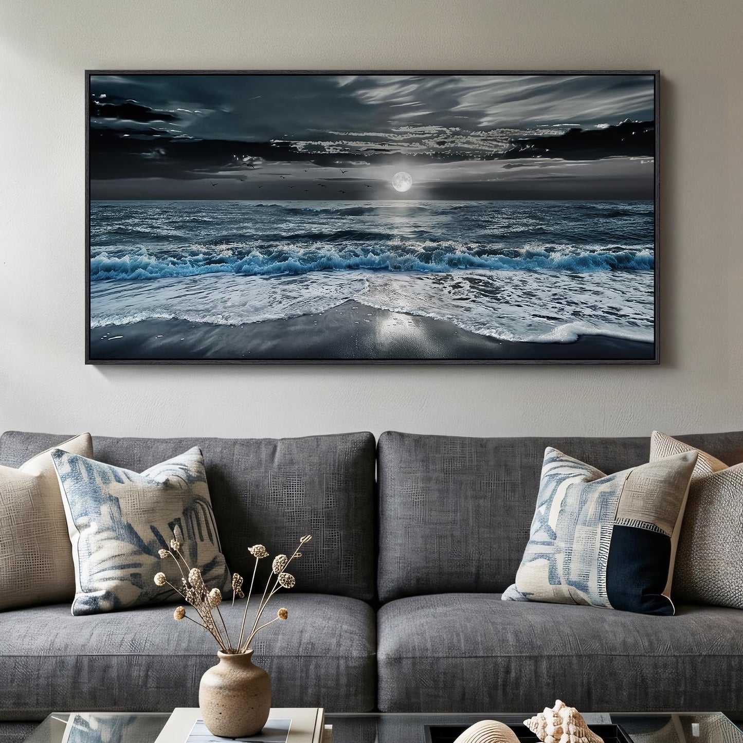 Framed Moonlight Coastal Wall Art for Living Room, Horizontal Blue and Black Beach Ocean Seascape Artwork for Walls, Large Canvas Picture Print for Bedroom Dining Room Office Wall Decor, 24x48 Inch