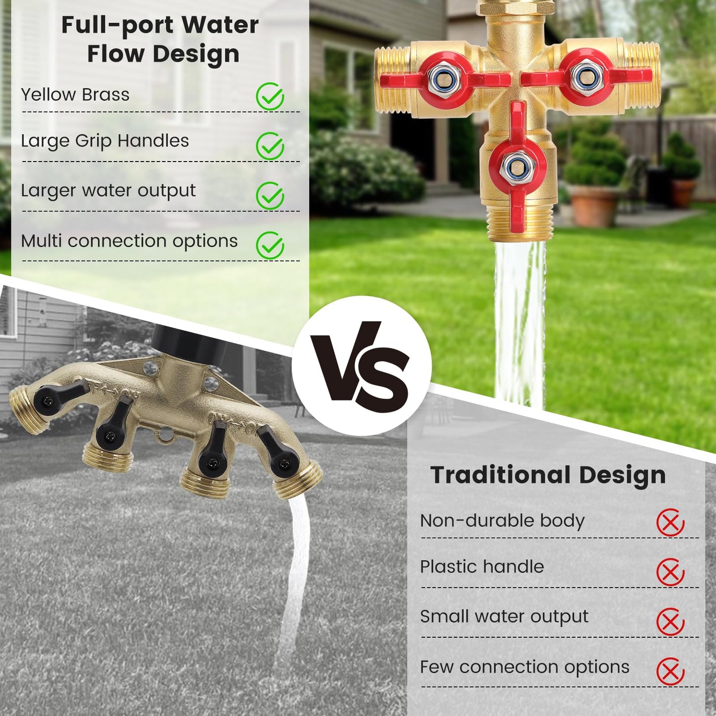 Garden Hose Splitter 3 Way, Heavy Duty 3-Way Brass Valve Garden Hose Splitter With Stainless Steel Long Handle, Full Flow Hose Splitter Connector, Valve 3/4 Inch GHT Thread