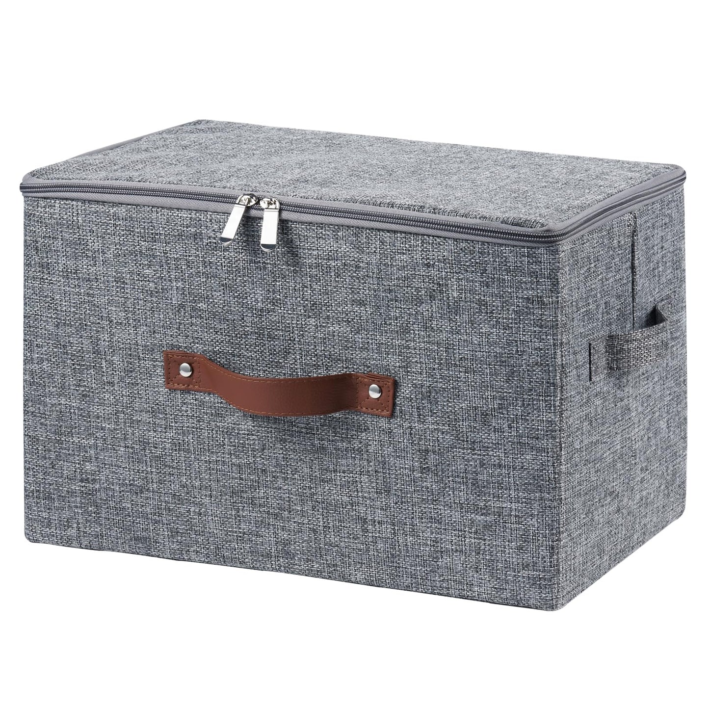 VinneGenzz Storage Bins with Zipper Lid Cotton Linen Fabric Lidded Storage Baskets Boxes Foldable Washable Closet Shelf Clothes Organizer Container with PU Leather Handles (Gray, Large Size)