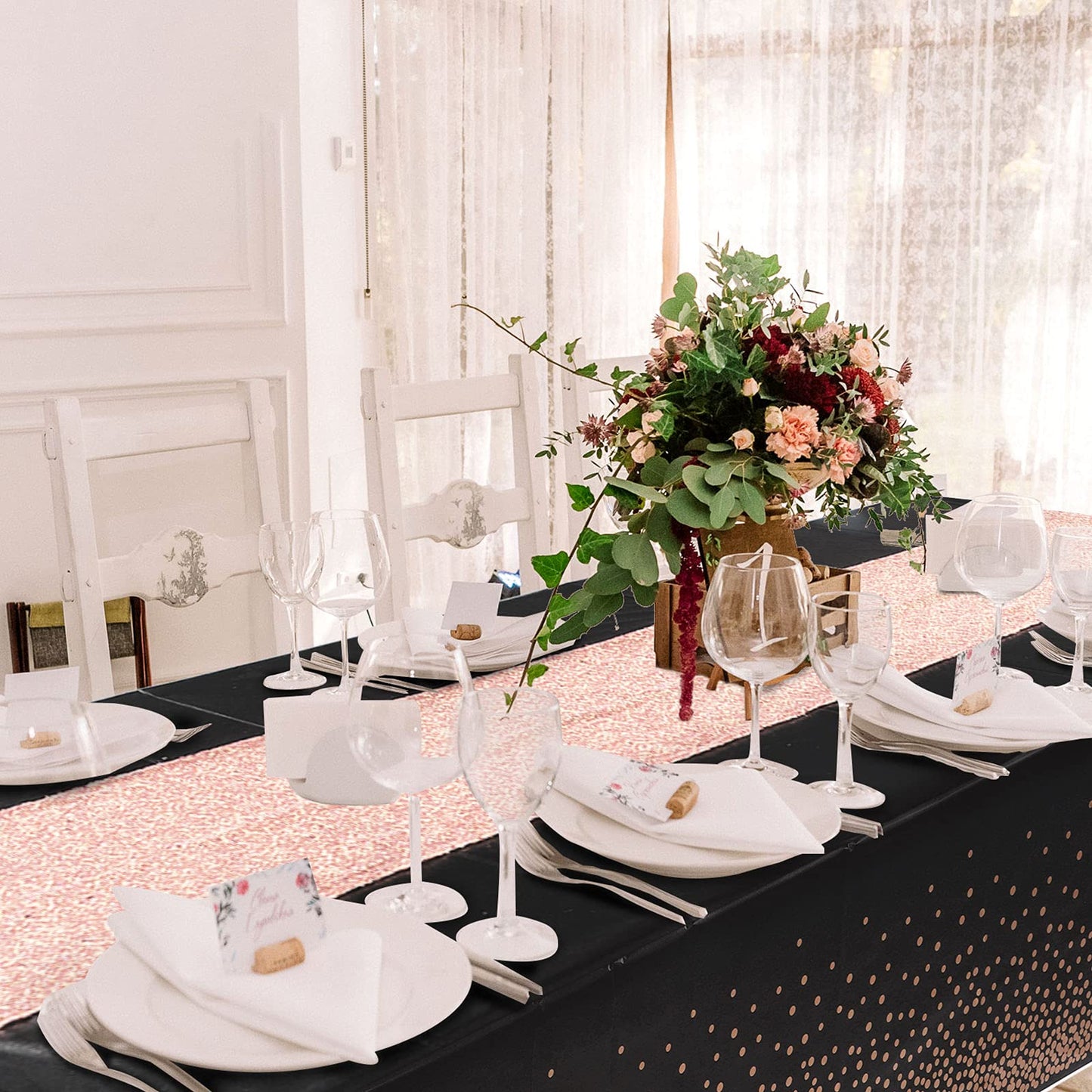 Irenare Tablecloth and Sequin Table Runner Set Polka Dots Confetti Table Cover Dining Plastic Tablecloths Glitter Decorations for Birthday Wedding Anniversary Party Supplies(Black, Rose Gold,2 Pcs)
