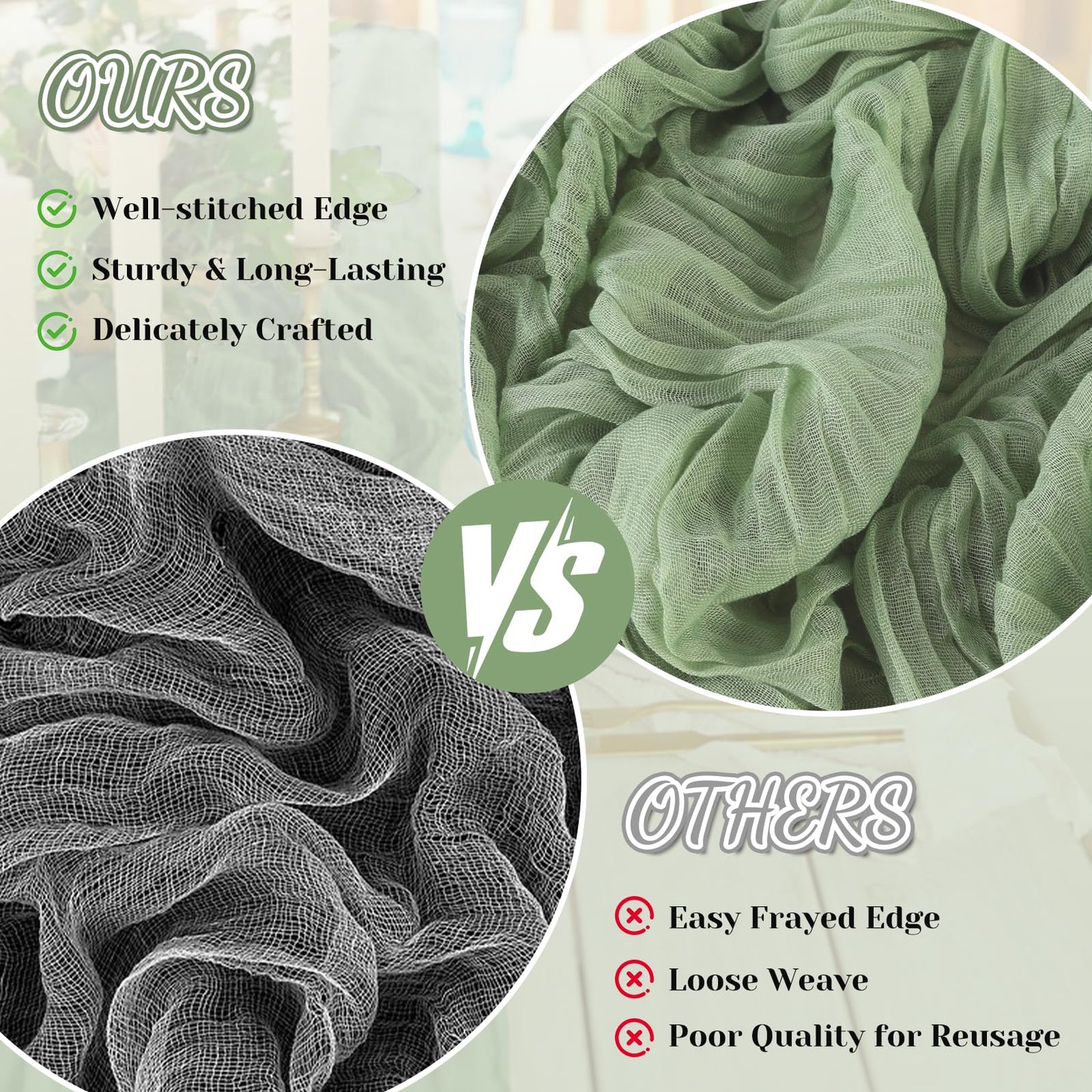 2 Pack Sage Green Cheesecloth Table Runner, 10Ft Boho Gauze Cheese Cloth Table Runners for Wedding, Party, Dinner, Baby Shower, 120 Inches Long Table Runner for St. Patrick's Day, Easter, Christmas