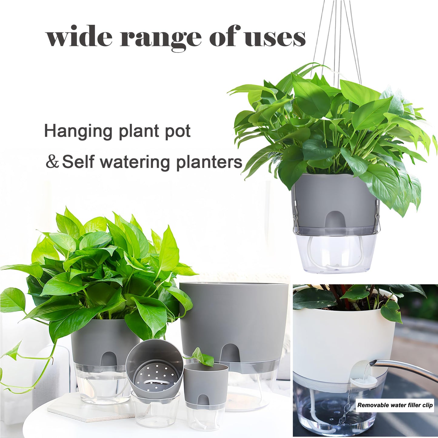 FAMZ Hanging Planter 3 Pack, Hanging Pots for Plants Indoor, 6 Inch Plant Hanger Indoor, Plant Hanger with 3 Hooks Drainage Holes for Garden Home Plant Pots (Gray)