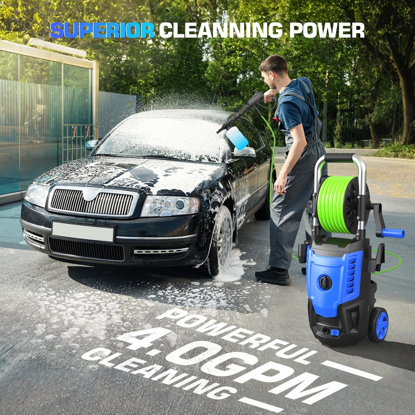 4800 PSI Electric Pressure Washer- 4.0 GPM High Power Washer with 33FT Hose Reel, 4 Spray Tips and Soap Bottle for Car Washing, Fence Cleaning, Patio Maintenance（Upgraded）(Blue)