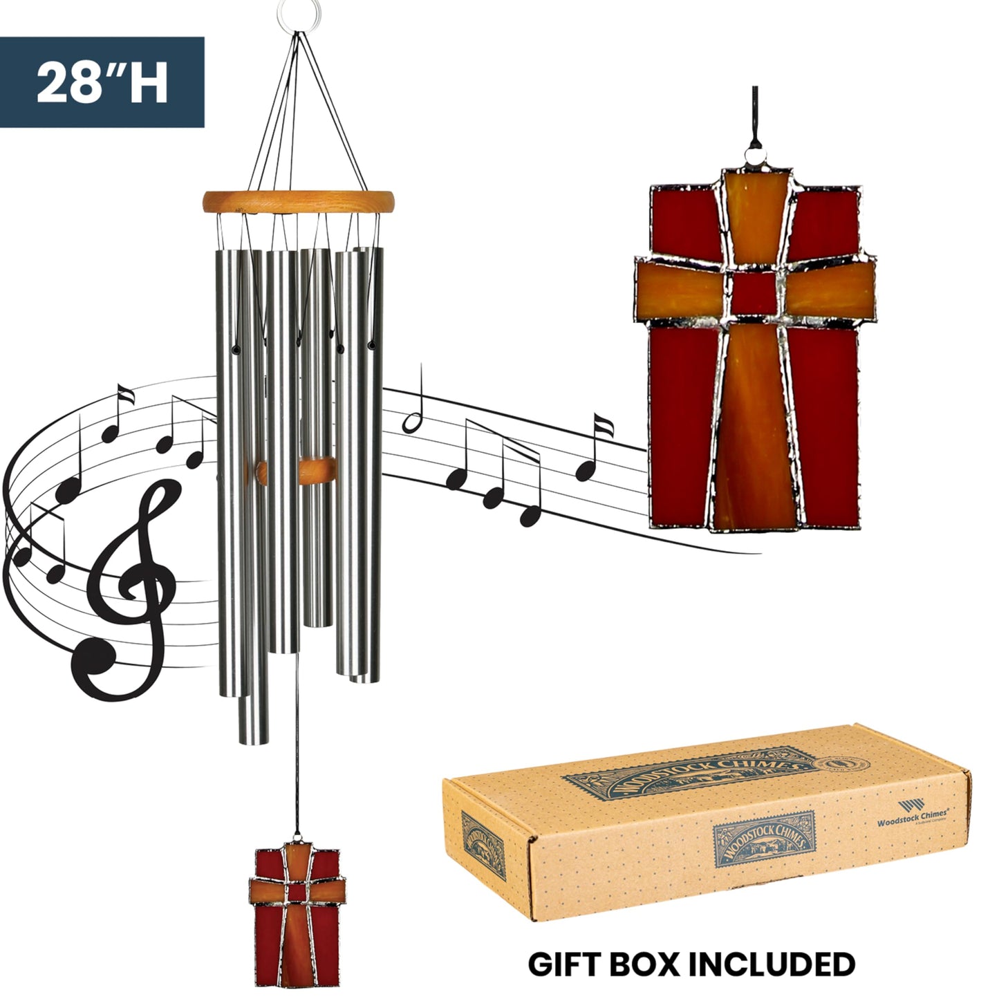 Woodstock Wind Chimes for Outside, Outdoor Decor, Garden, Patio and Front Porch Decor, (28") Memorial Sympathy Wind Chimes Amazing Grace Wind Chime Stained Glass Cross Christmas Gifts (AGS)