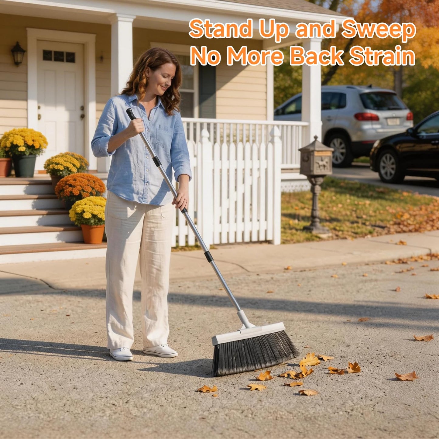 Keyloland 18" Extra Wide Heavy Duty Broom, Aluminum Reinforced Commercial Broom for Driveway and Garage, 60" Adjustable Handle, 29% More Sweeping Area for Concrete, Patios, Decks, Workshops