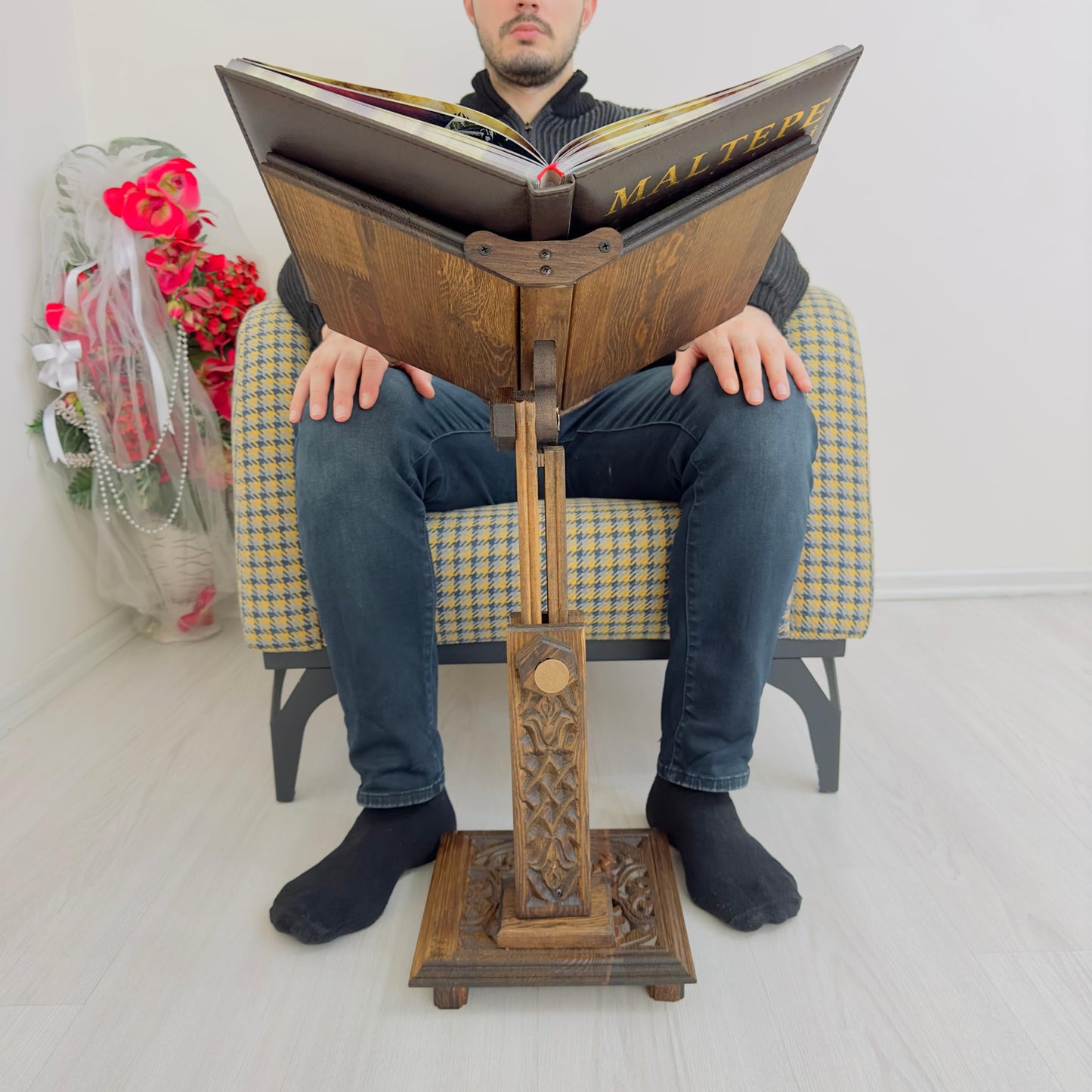 Adjustable Carved Wooden Book Stand | Quran, Bible Holder Lectern | Dictionary, Cookbook Stand