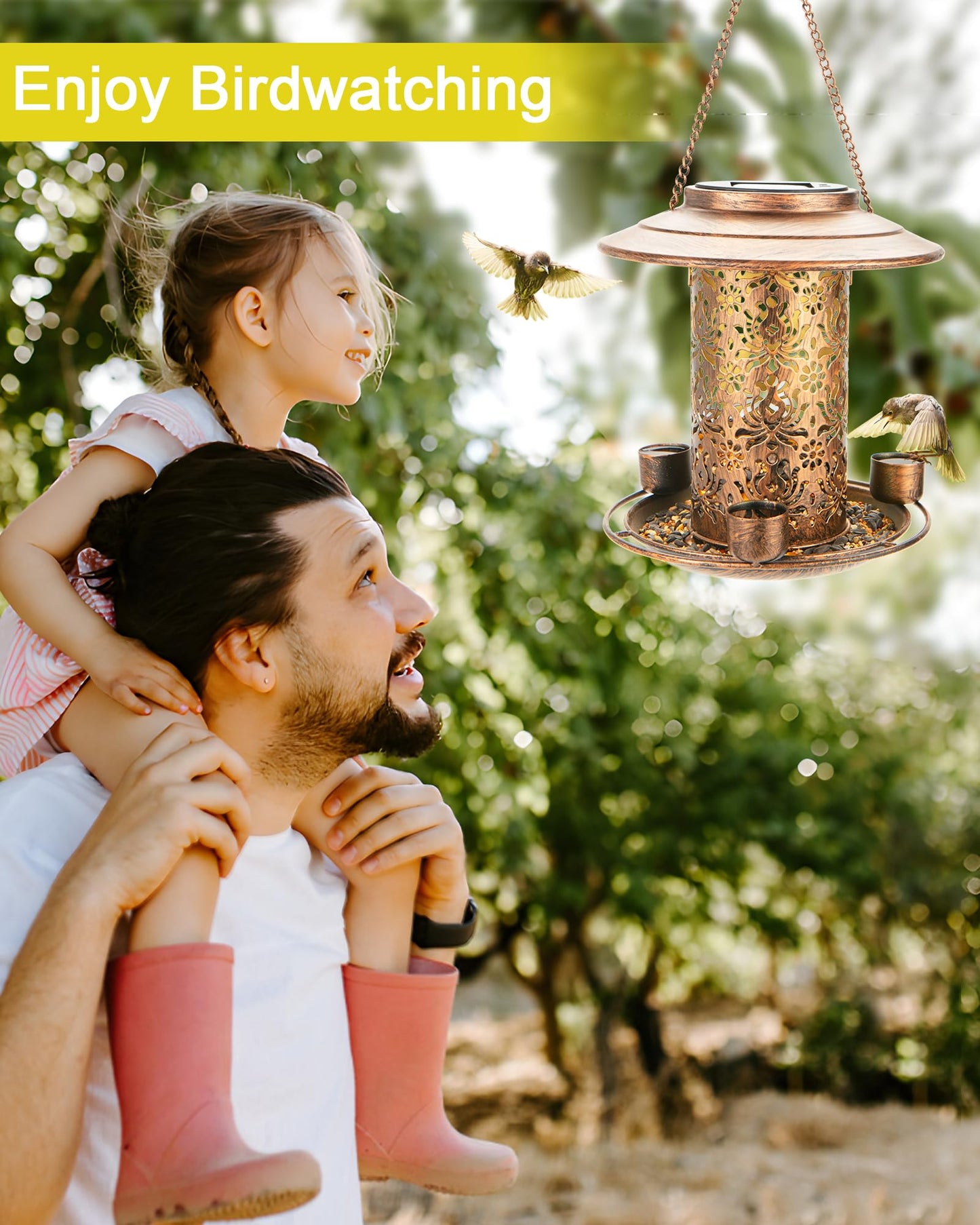 Dosevita Solar Bird Feeders for Outdoors, Metal Hanging Bird Feeder with 3 Water Cups,Rust Resistant, Solar Garden Lantern for Outdoors Decor,The Perfect Choice for Gift(2.5LB)