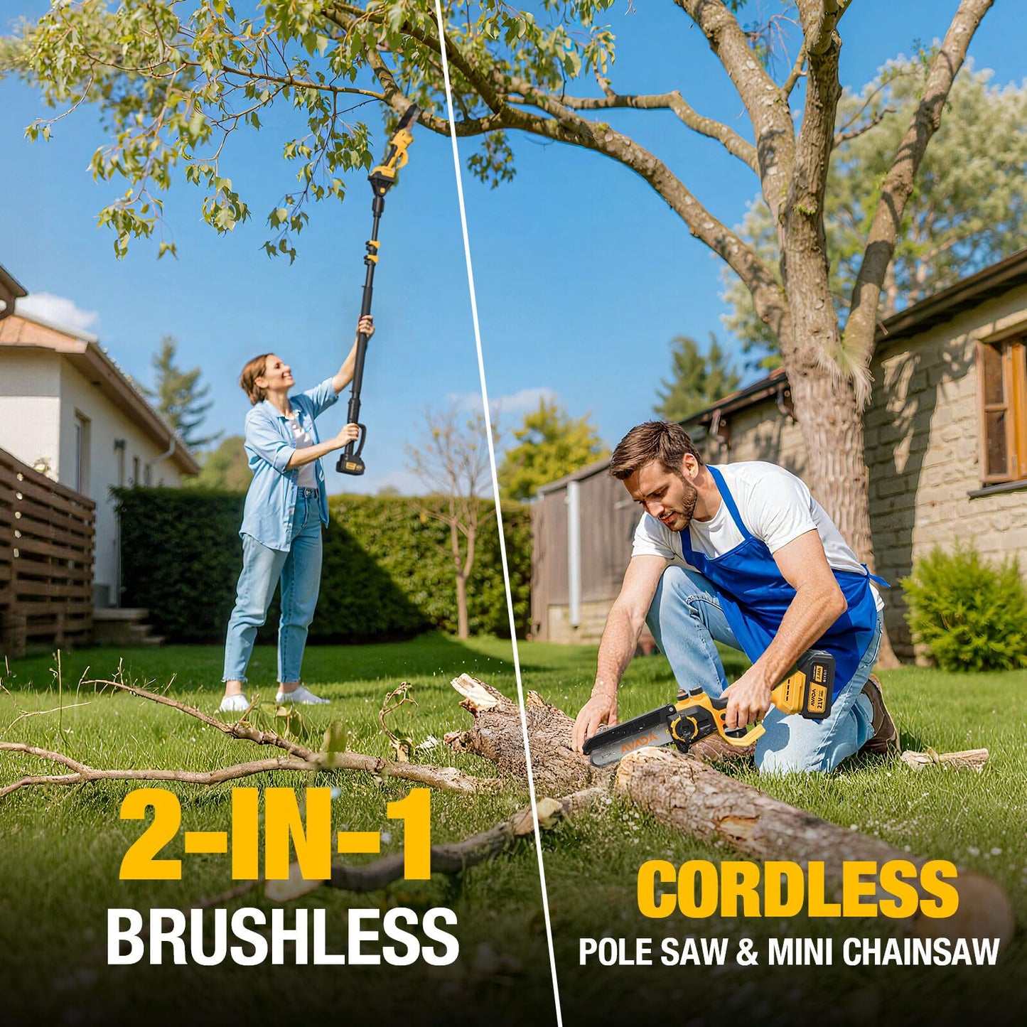 2-IN-1 Cordless 6-Inch Pole Saw & Chainsaw - 1200W Brushless Motor, Total Reach of Max 15.9 FT, Lightweight, Electric Pole Saws for Tree Trimming Pruning with 2×Batteries