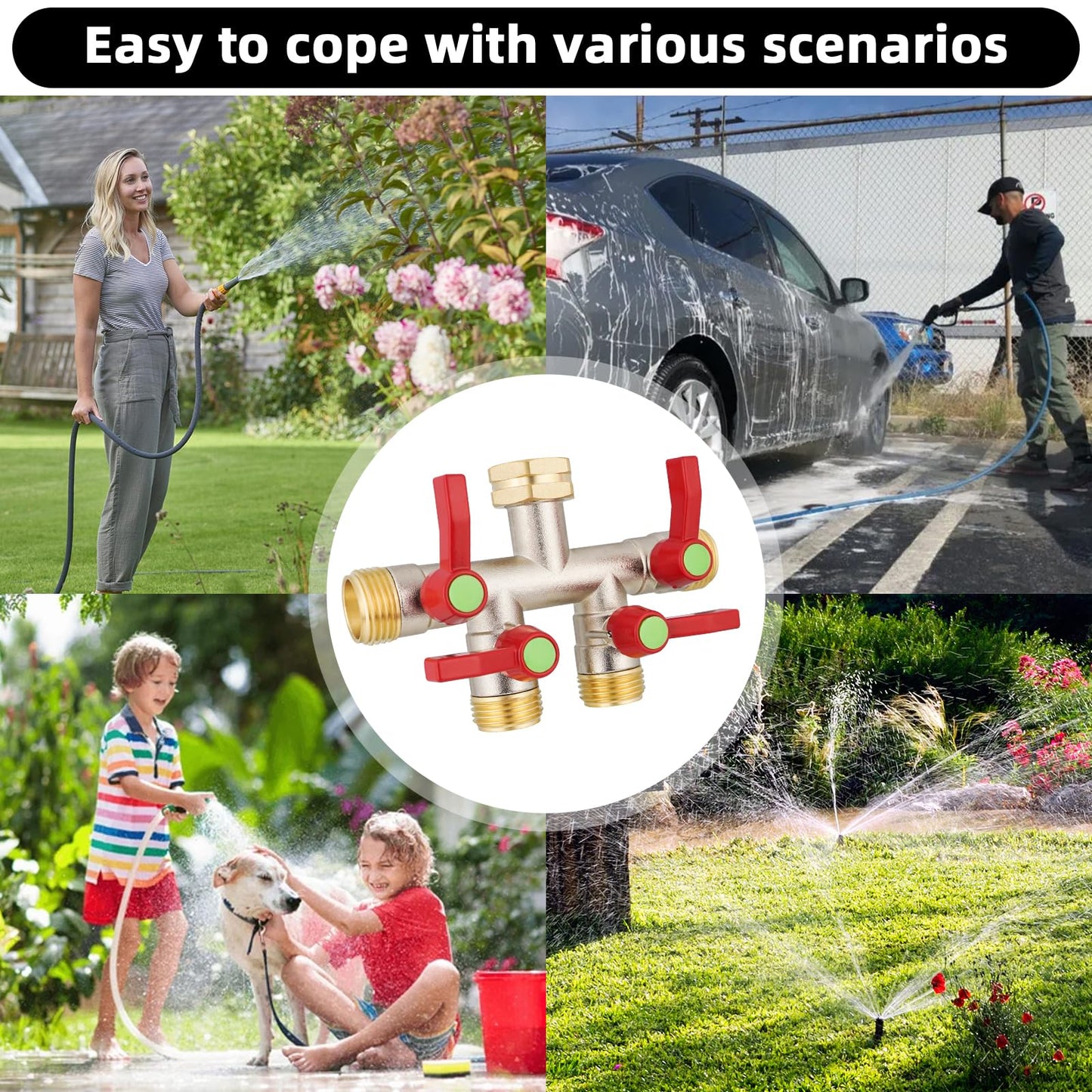 EJW Garden Hose Splitters, 4 Way Hose Splitter, Water Hose Splitters, Hose Bib Splitter, 4 Way Heavy Duty High Flow Splitter, Brass Hose Splitter, Spigot Splitter,Valve 3/4 Inch GHT Thread.