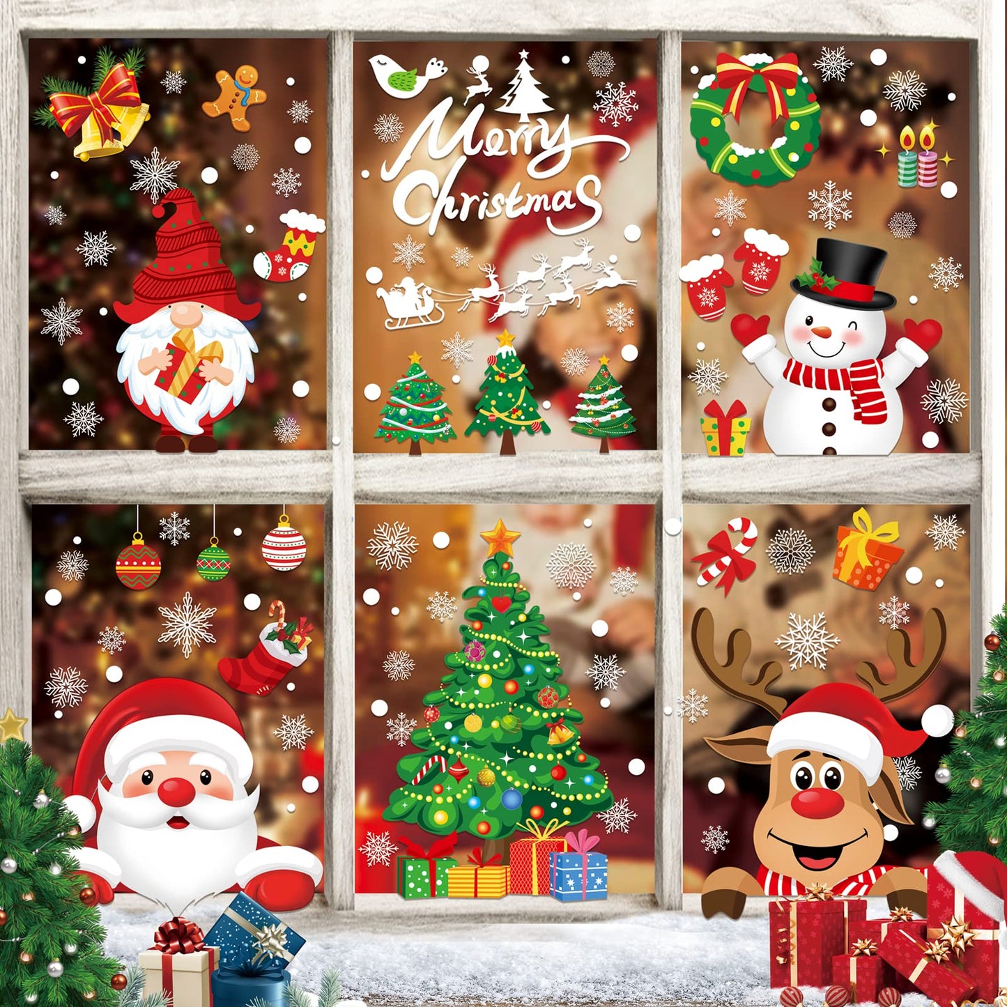 Christmas Window Clings 245pcs Christmas Decals Reusable Double Sided Printed Self Adhesive Window Decorations Santa Claus, Moose, Snowman,Socks,Dwarfs,Xmas Tree and Snowflakes Window Clings, 9 Sheet