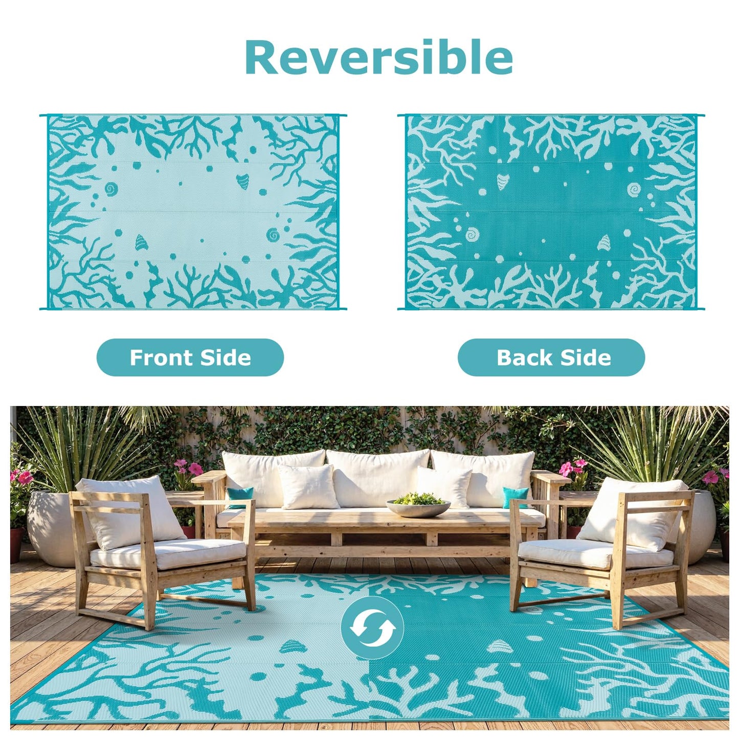 Uphome Coastal Outdoor Rug Waterproof 8x10, Reversible Ocean Beach Theme Patio Plastic Straw Rugs, RV Camping Outside Carpet Mat for Pool Back Yard Deck Picnic, 8 x 10 ft