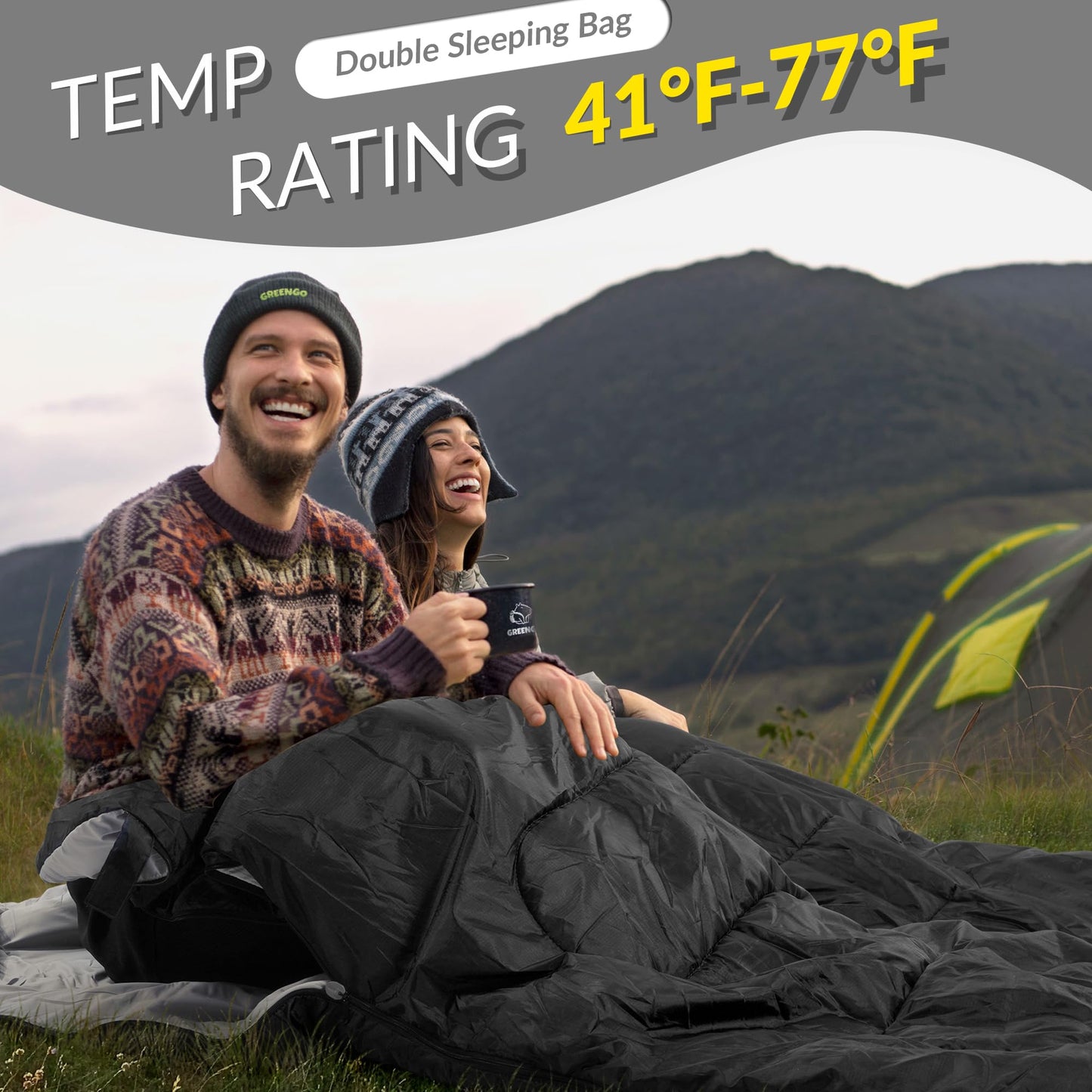 Elevon Double Sleeping Bag with 2 Pillows for Adults, Black