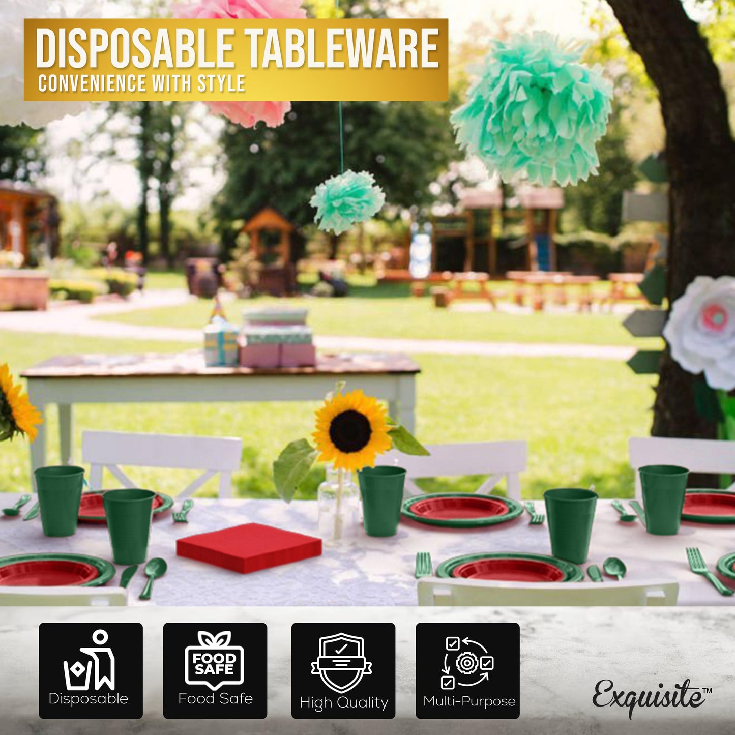 350 Pcs Christmas Plastic Plates For Party, Red & Green Disposable Plates Set, 50 Of Each 9" Dinner Plate Set, 7" Dessert Plate, Cups, Napkins & Cutlery Plastic Dinnerware Exquisite