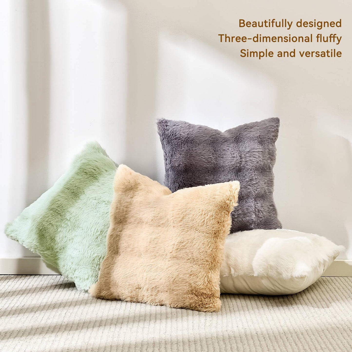 AmHoo Pack of 2 Throw Pillow Covers 3D Dense Faux Rabbit Fur Cozy Super Soft Fuzzy Set Case Cushion for Couch Sofa Bedroom 22 x 22-Inch Cream White