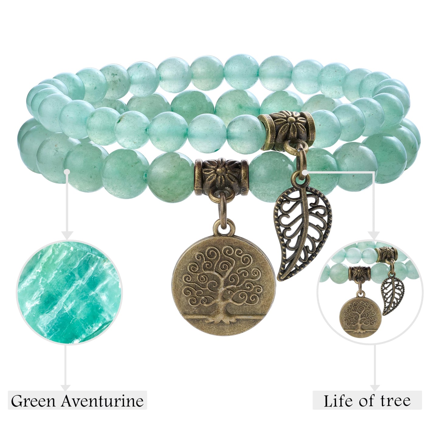Bivei Natural Semi Precious Gemstone Beads Bracelet for Women - Life Tree and Leaf Charm Chakra Energy Anxiety Stretch Bracelets(Aventurine Bracelet Set)