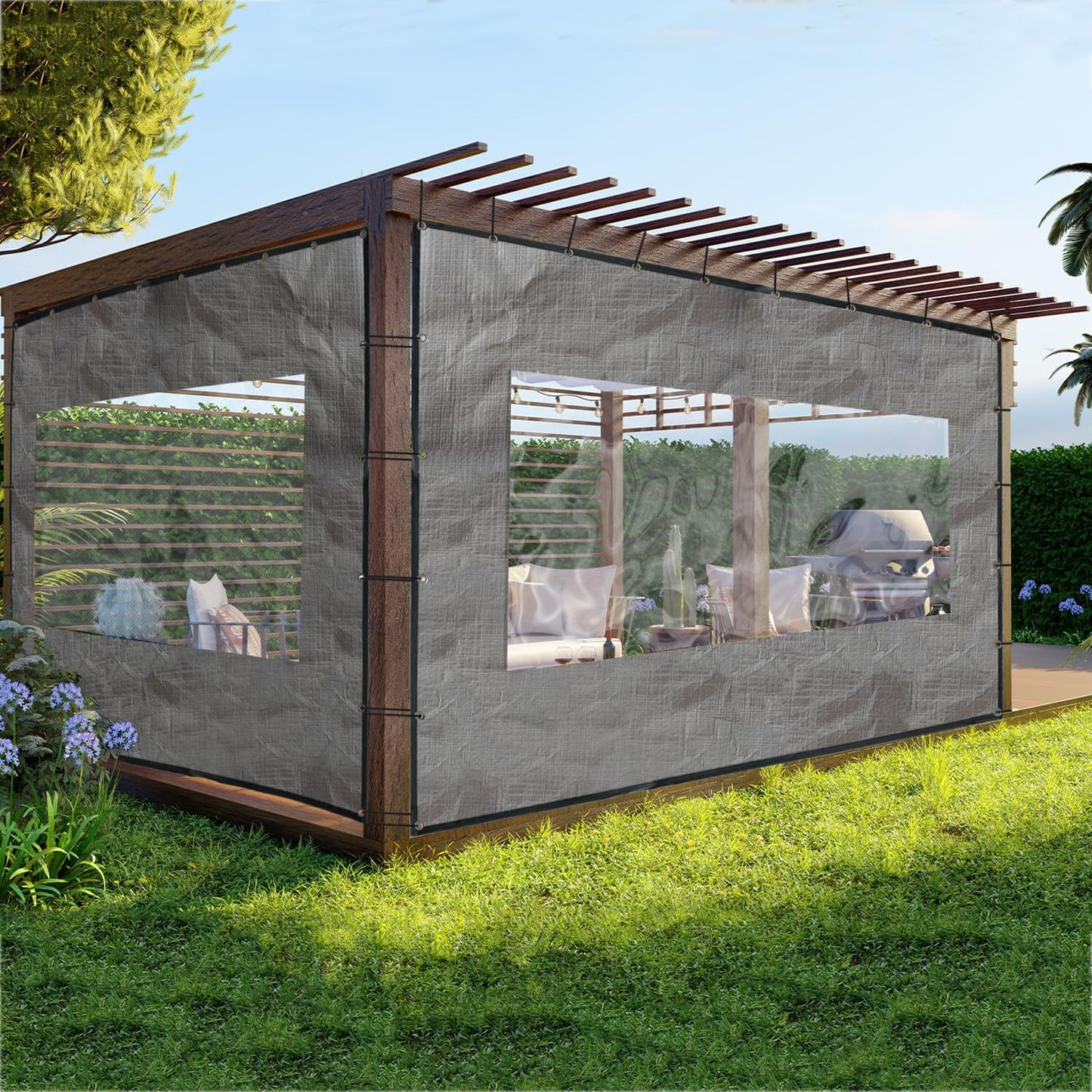 Softclub Outdoor Clear Panel Curtain，Heavy Duty Waterproof 18oz Vinyl Curtain Weatherproof with Grommets, Transparent PVC Tarp Cover for Pergola, Porch, Gazebos, Winter Protection (8 ft x 7 ft, Grey)