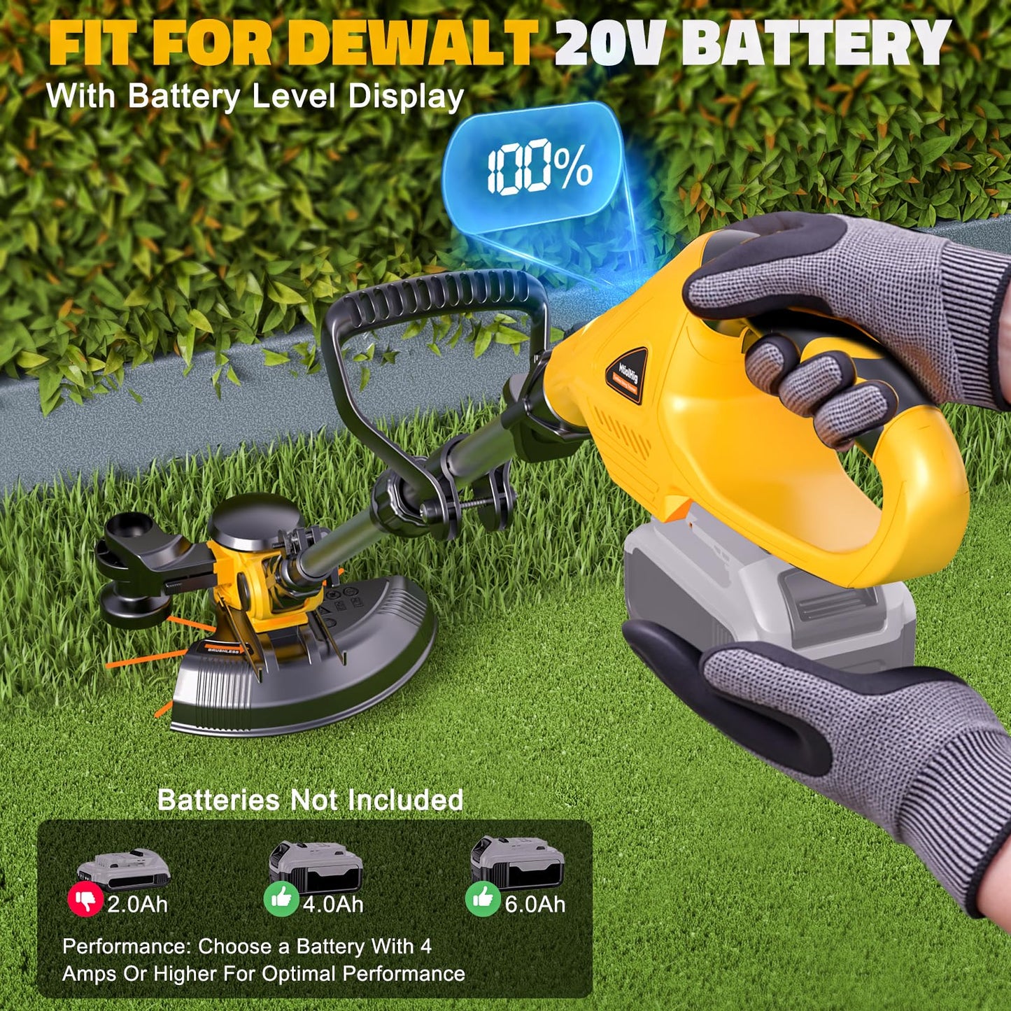 Cordless String Trimmer Compatible with Dewalt 20V (Tool Only), MtiolHig 3 IN 1 Weed Eater with Brushless Motor & Battery Level Display, Electric Weed Wacker/Edger Trimmer for Yard, w/ 18 Line, Yellow