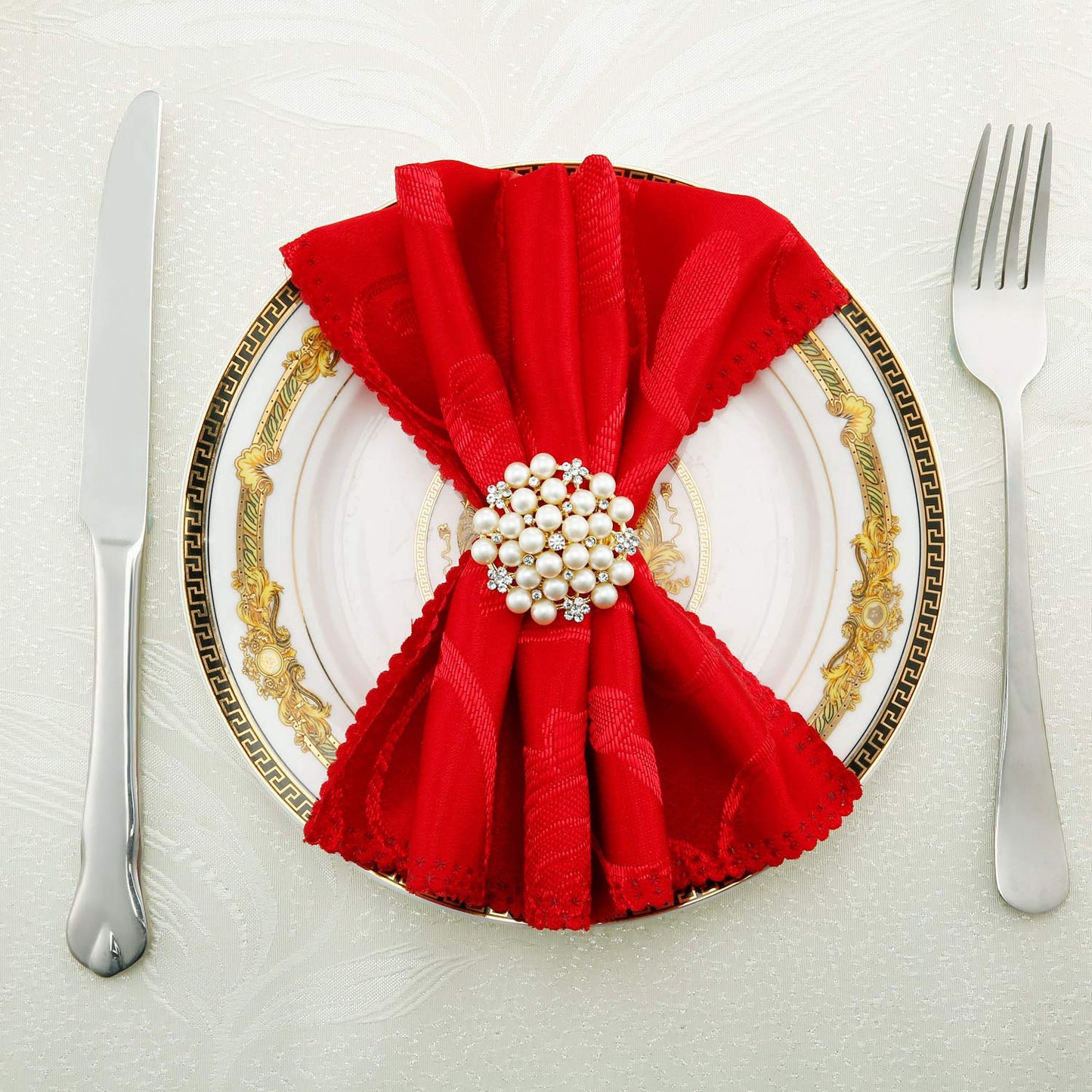 Hotop 12 Pcs Gold Napkin Rings Pearls and Flower Napkin Buckles Rhinestone Bling Round Holders for Wedding Party Dinner Holiday Banquet Christmas Thanksgiving Day Home Table Decoration