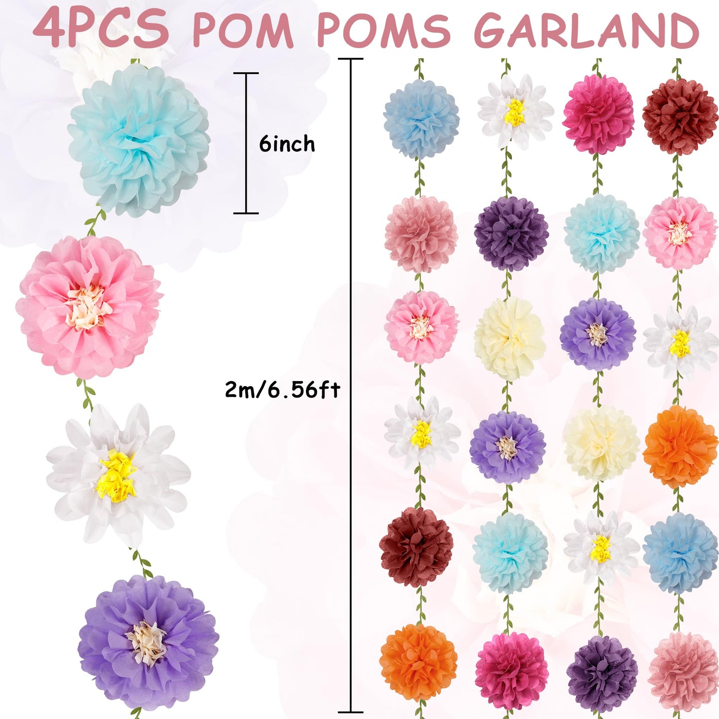 Kriyokiaa Tissue Paper Flowers Wildflower Paper Pom Pom Garlands Hanging Flowers Decorations for Wildflower Baby Shower, Baby in Bloom Baby Shower, Bridal Shower and Birthday Decorations