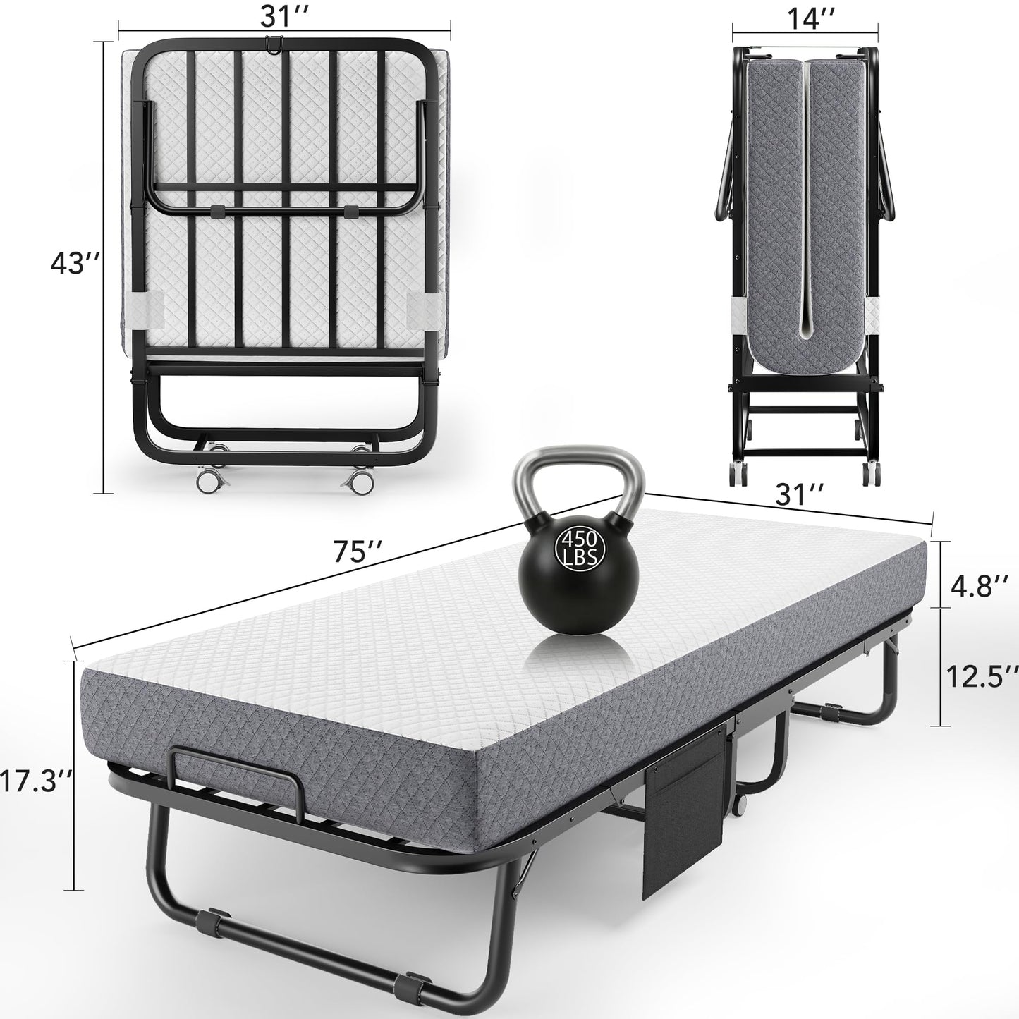Folding Bed with Memory Foam Mattress, 75" x 31" Cot Size Portable Foldable Bed with Movable Wheels, Space-Saving Sturdy Metal Frame, Twin Rollaway Bed for Adults for Guest Room, Apartment, Camping