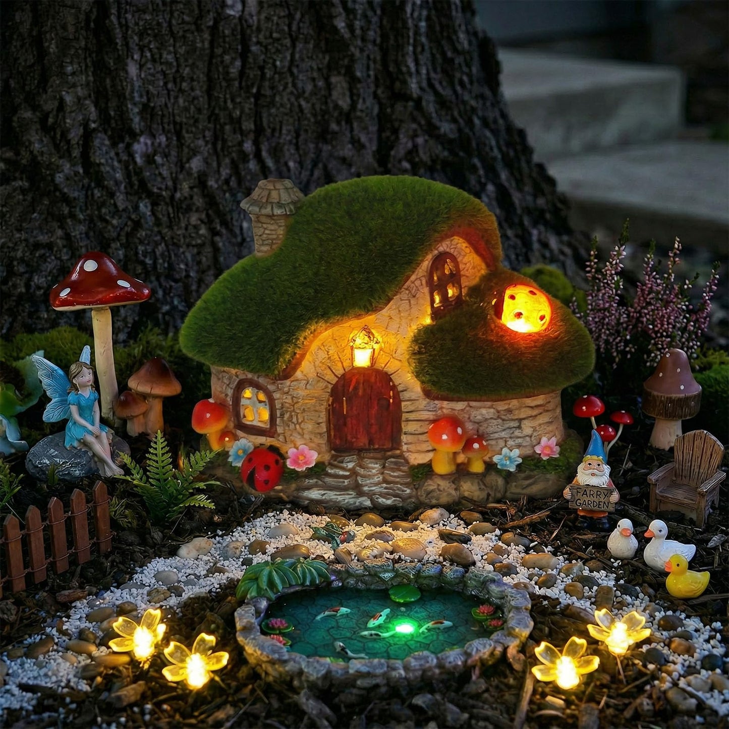 Solar Fairy Garden House Accessories, Outdoor Garden Statues with Ladybug Lights & Mushroom Gardening Gifts for Women, House Sculpture Figurine Outside Garden Decorations for Yard Patio Lawn Decor
