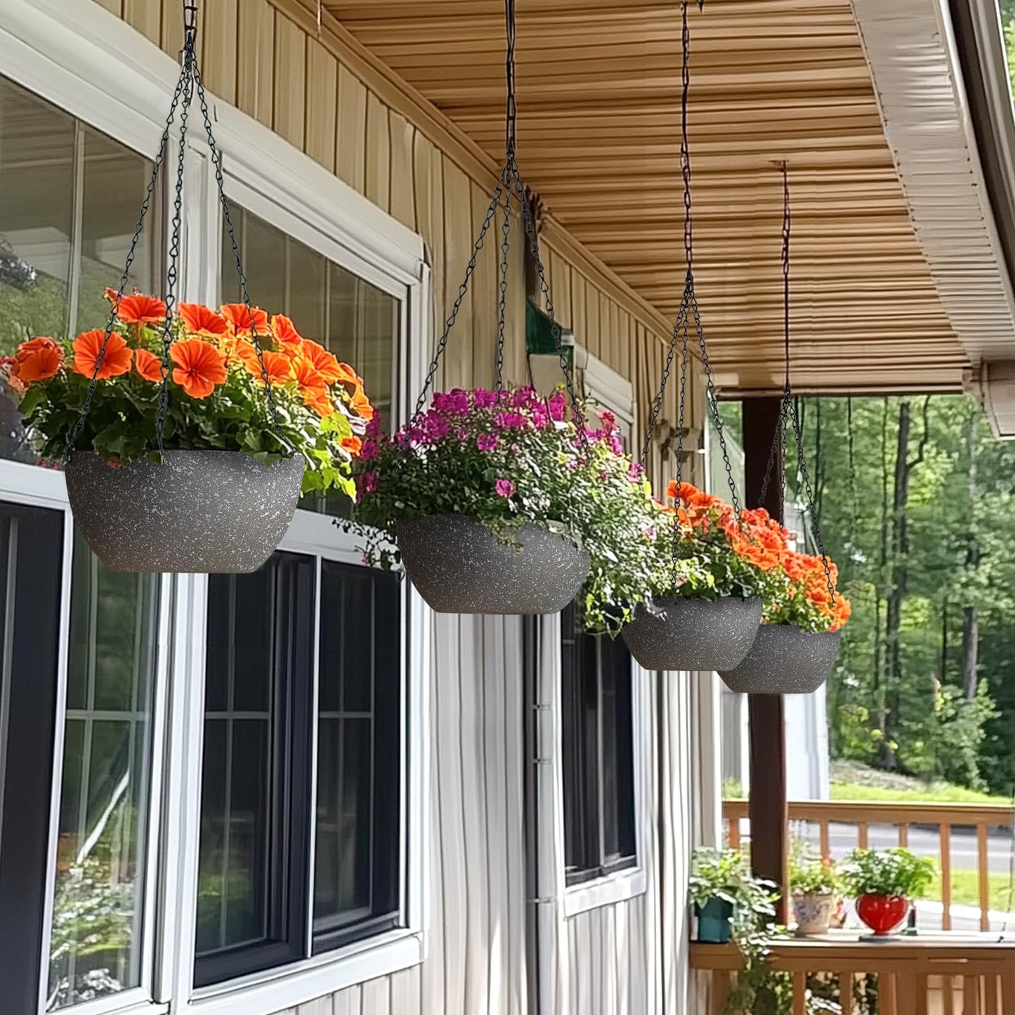 T4U Hanging Planters for Indoor Plants, 10 Inch Hanging Planter Outdoor 2 Pack, Hanging Basket with Drainage Holes, Hanging Plant Holder Indoor, Flower Pots, Plant Pots for Garden, Grey