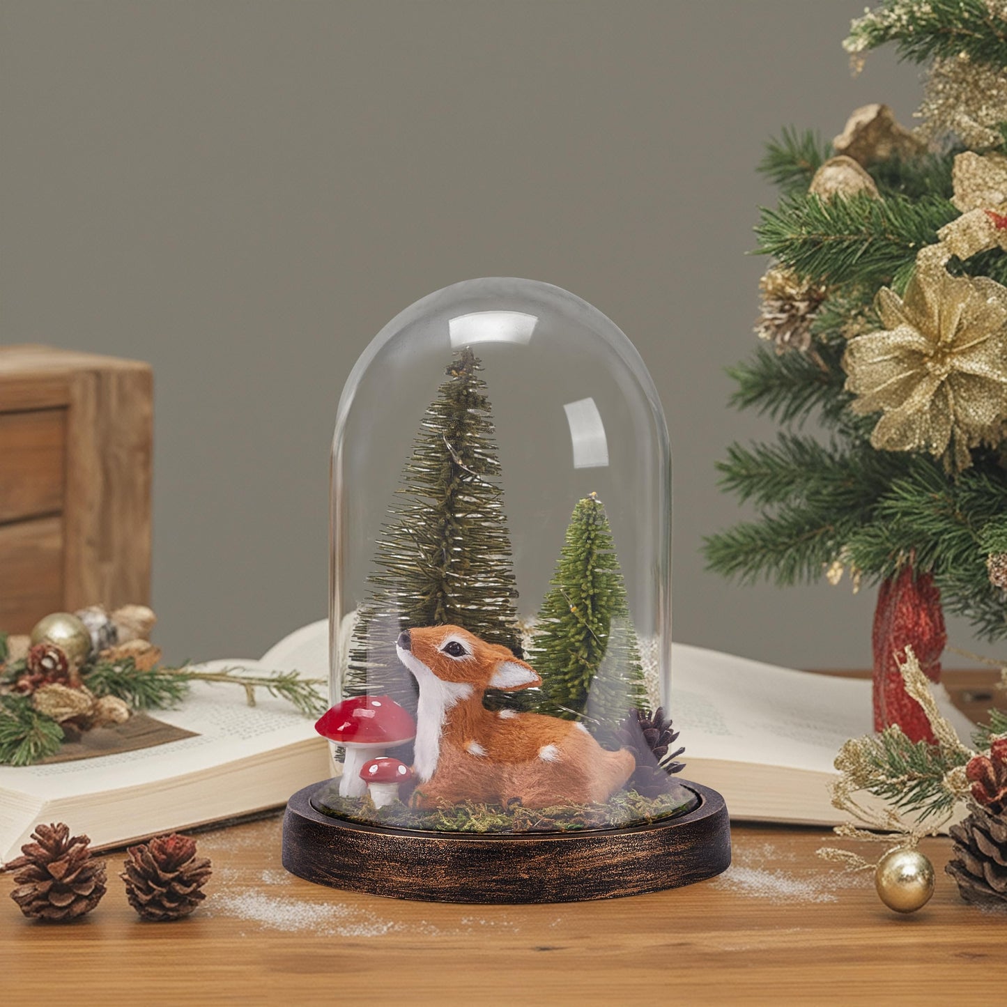 SunArtHome Christmas Decorations Indoor, Light Up Christmas Decor, Christmas Tree, Deer, Mushroom in Plastic Dome Cloche, Miniature Decor for Holiday Party Family Table Decoration
