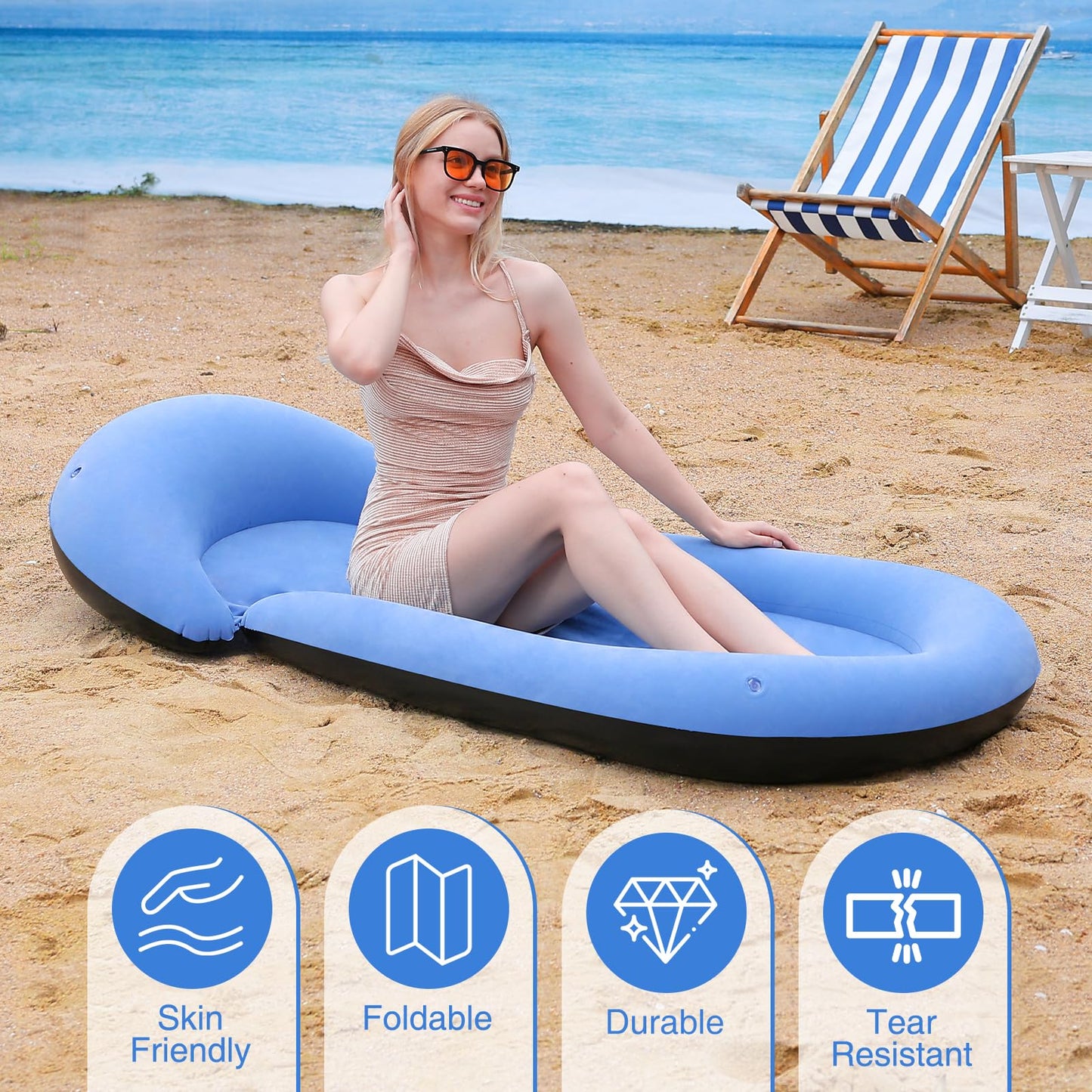 ROUSKY Inflatable Beach Mat, 70 x 29 Inch, Flocked Surface, Pillow Surround (Blue)