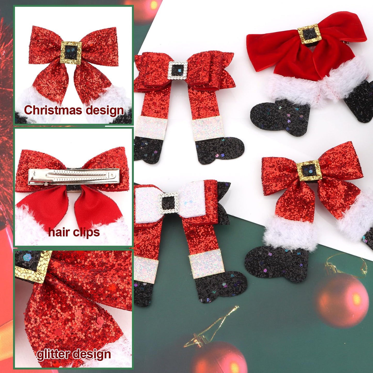 Semato 4 Pcs Christmas Hair Clips for Women and Girls Glitter Sequins Christmas Bow Clips Xmas Red and Green Glitter Hair Accessories Xmas Party Gifts for Women