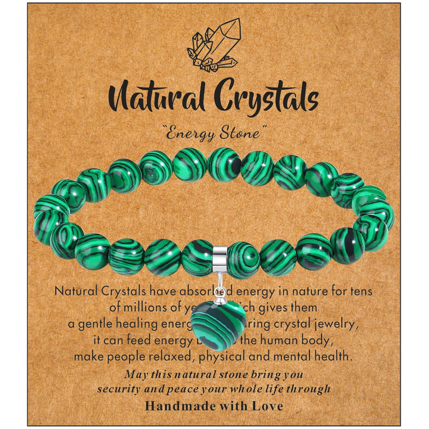 MAIBAOTA Malachite Bracelet for Women, 8 mm Beaded Bracelet, Mothers Day Crystal Gifts for Mom, Crystal Gemstone Love Heart Bracelet Jewelry Gifts for Birthday Valentine's Day Anniversary