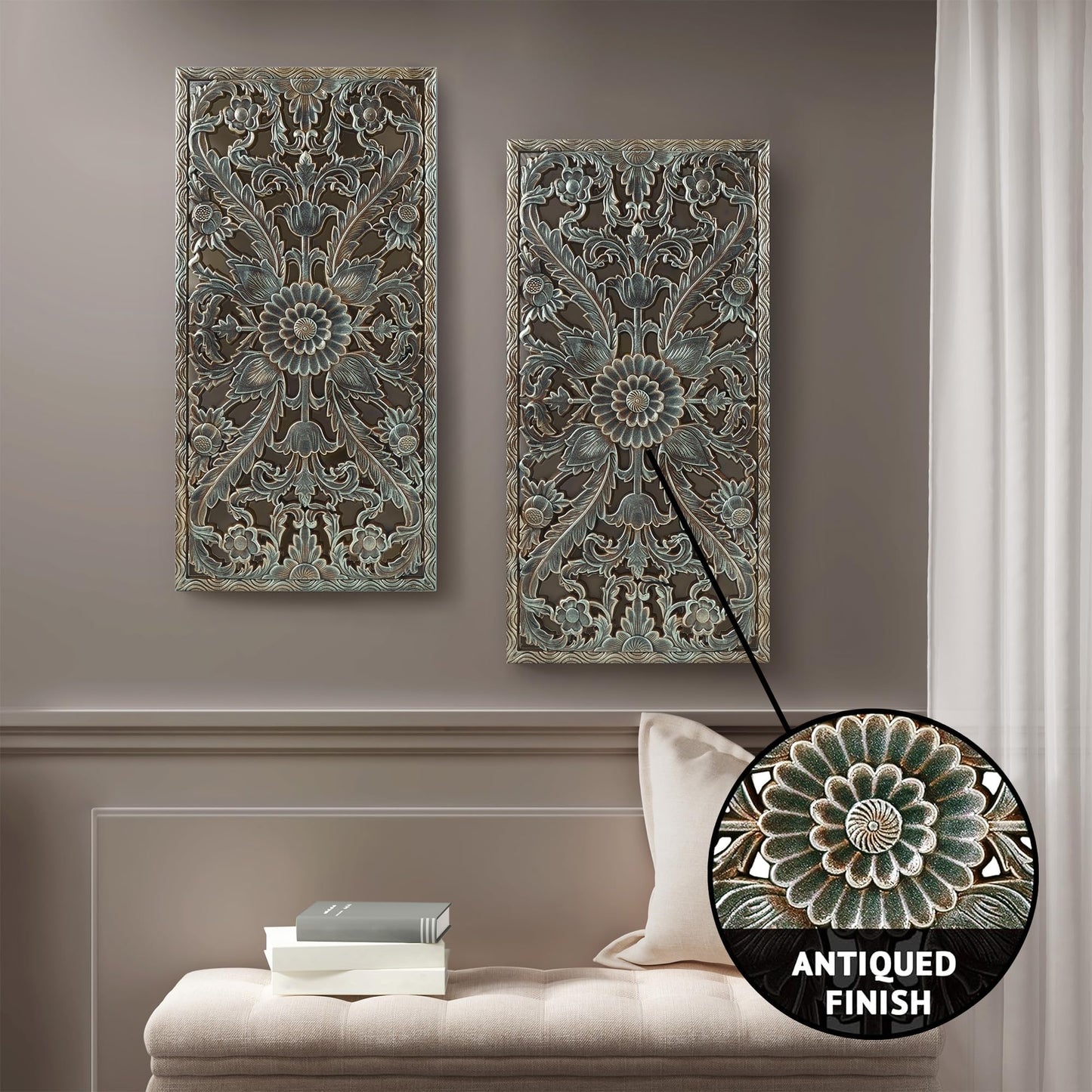 Madison Park Wall Art Living Room Décor - Floral Antiqued Wooden Carving Wall Decor Panel, Copper Embellished, Ready to Hang Wall Decor for Bedroom, 15.75"W x 31.5"L x 0.59"D, Patina Blue, 2 Piece