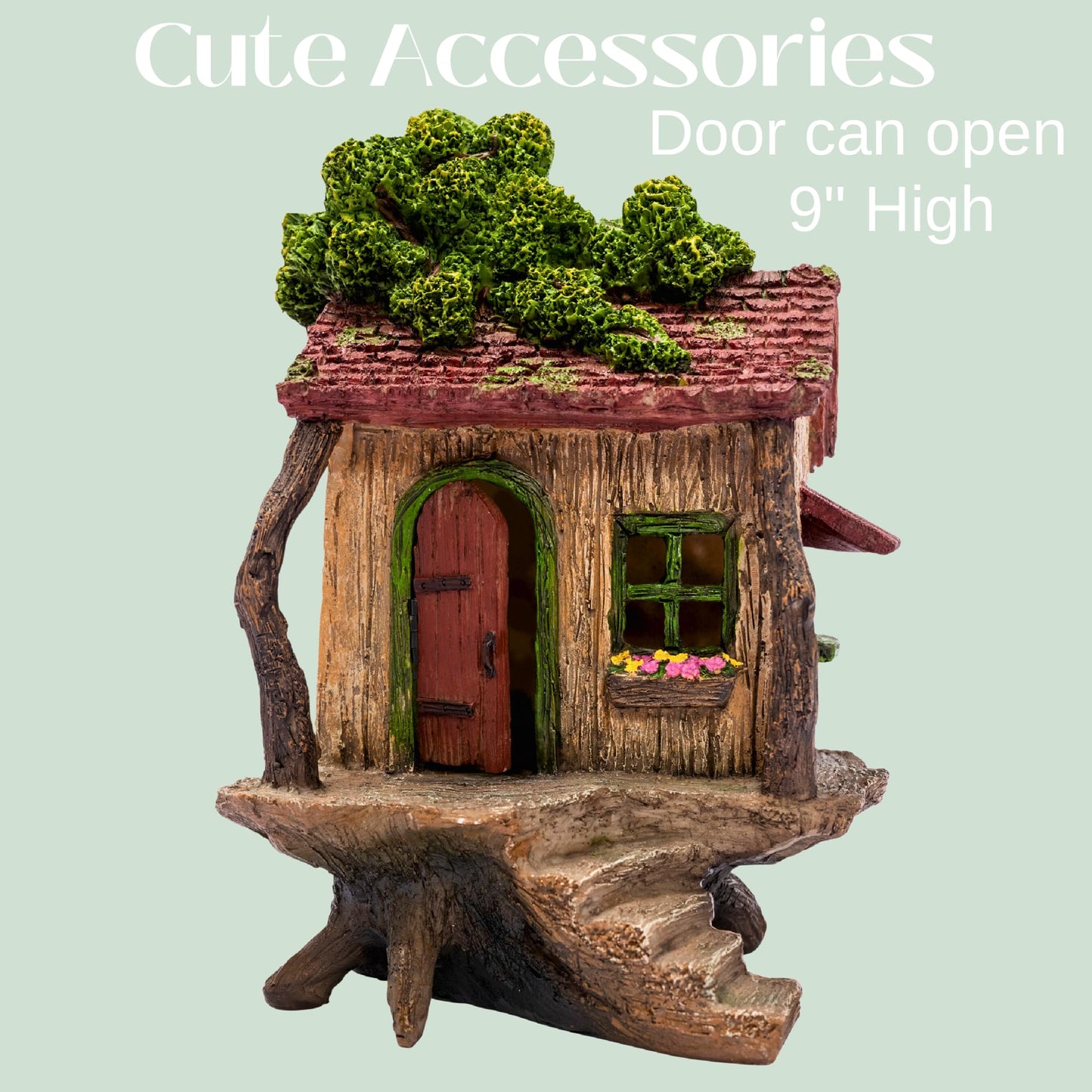 PRETMANNS Fairy Garden House – Fairy House for Outside – 9” High Treehouse with Door that Opens – Sturdy Fairy Garden Building – Lovely Miniature Garden Accessories Supplies