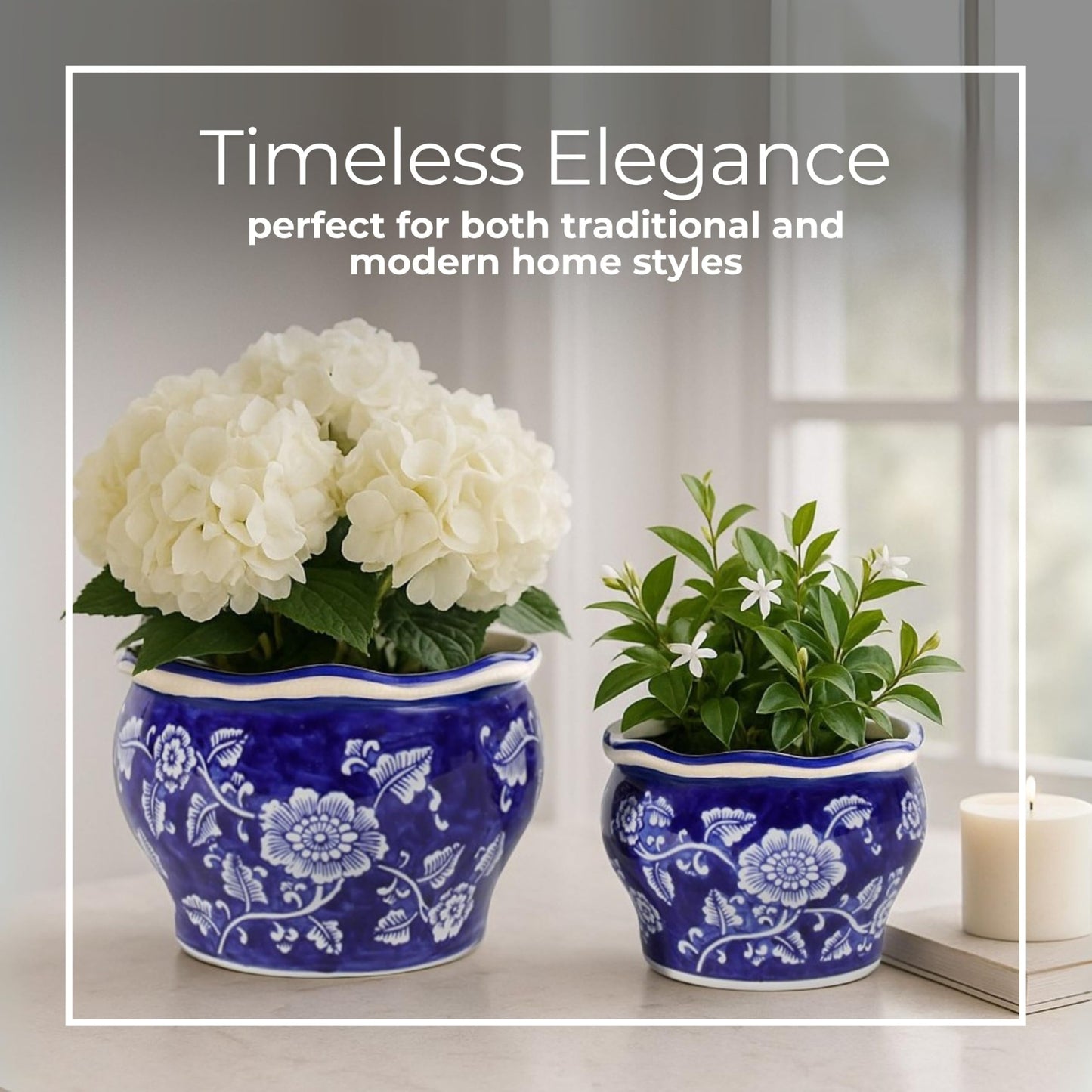 Set of 2 Round Chinoiserie Decorative Ceramic Planter Pots – Stoneware Outdoor & Indoor Plant Pots with Drainage – Modern Garden & Home Decor Planters – 6" & 5", Blue & White