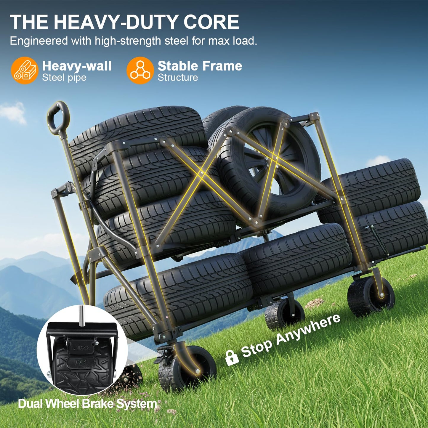 Double Decker Wagon Heavy Duty Collapsible, 600LBS 400L Capacity Foldable Utility Cart with Big Wheels for Beach, Outdoor, Camping & Gardening, Durable Steel Frame
