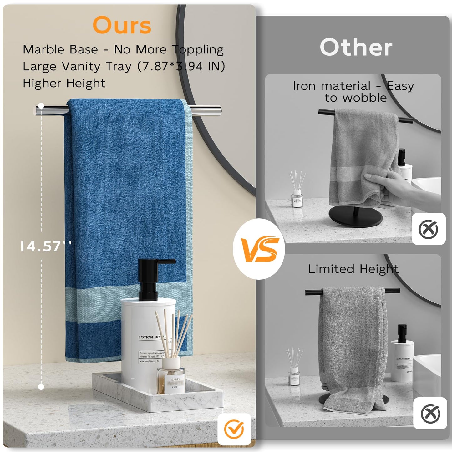 Volnamal Hand Towel Holder, 2 in 1 T-Shape Hand Towel Stand for Bathroom with Marble Base Tray, Hand Towel Rack Standing for Vanity Kitchen Countertop, Stainless Steel (Brushed)