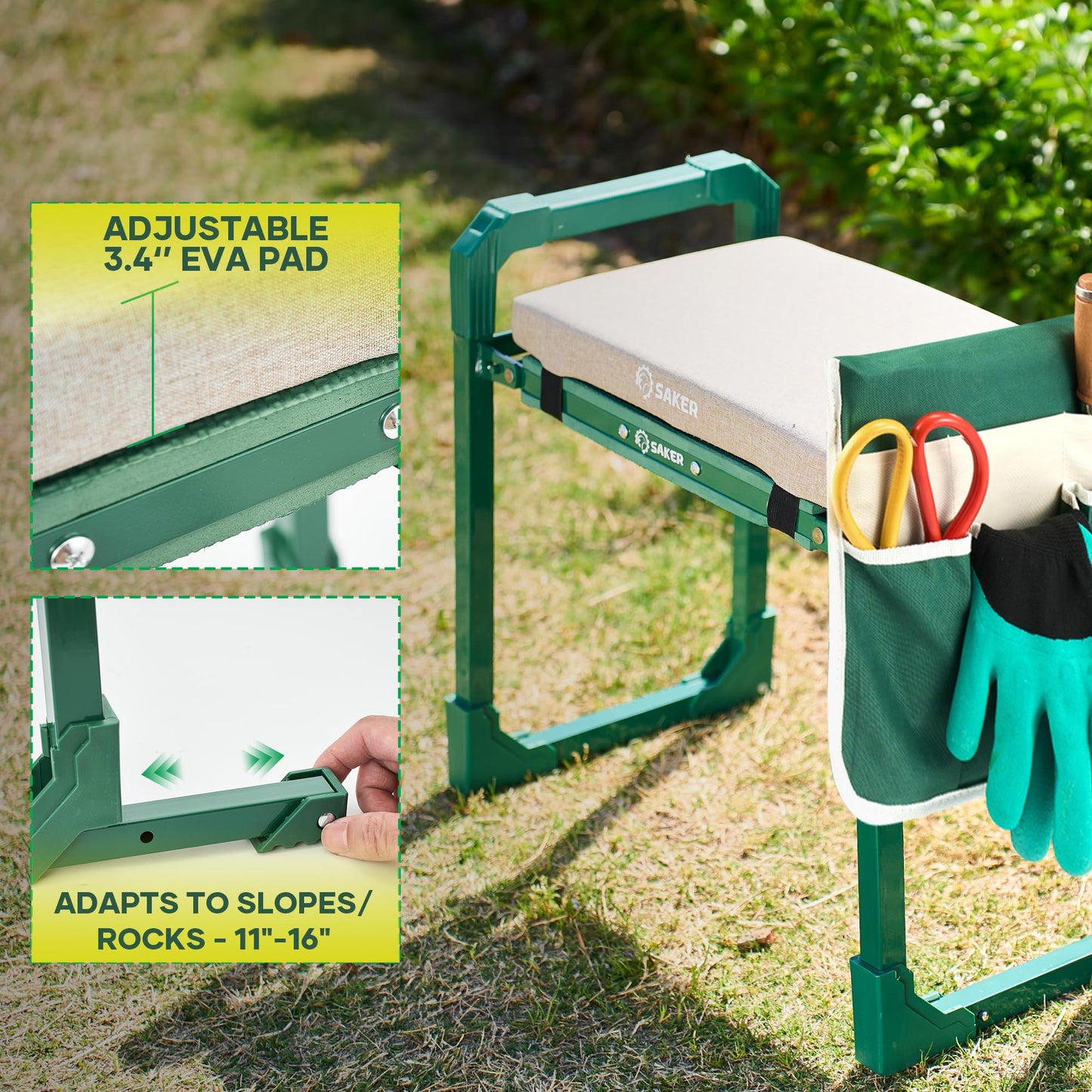 Saker Garden Kneeler and Seat Foldable Gardening Stool with Extendable Legs & Thickened Pad, Tool, Heavy Duty 500lbs Support for Elderly, Gardening, Outdoor Use