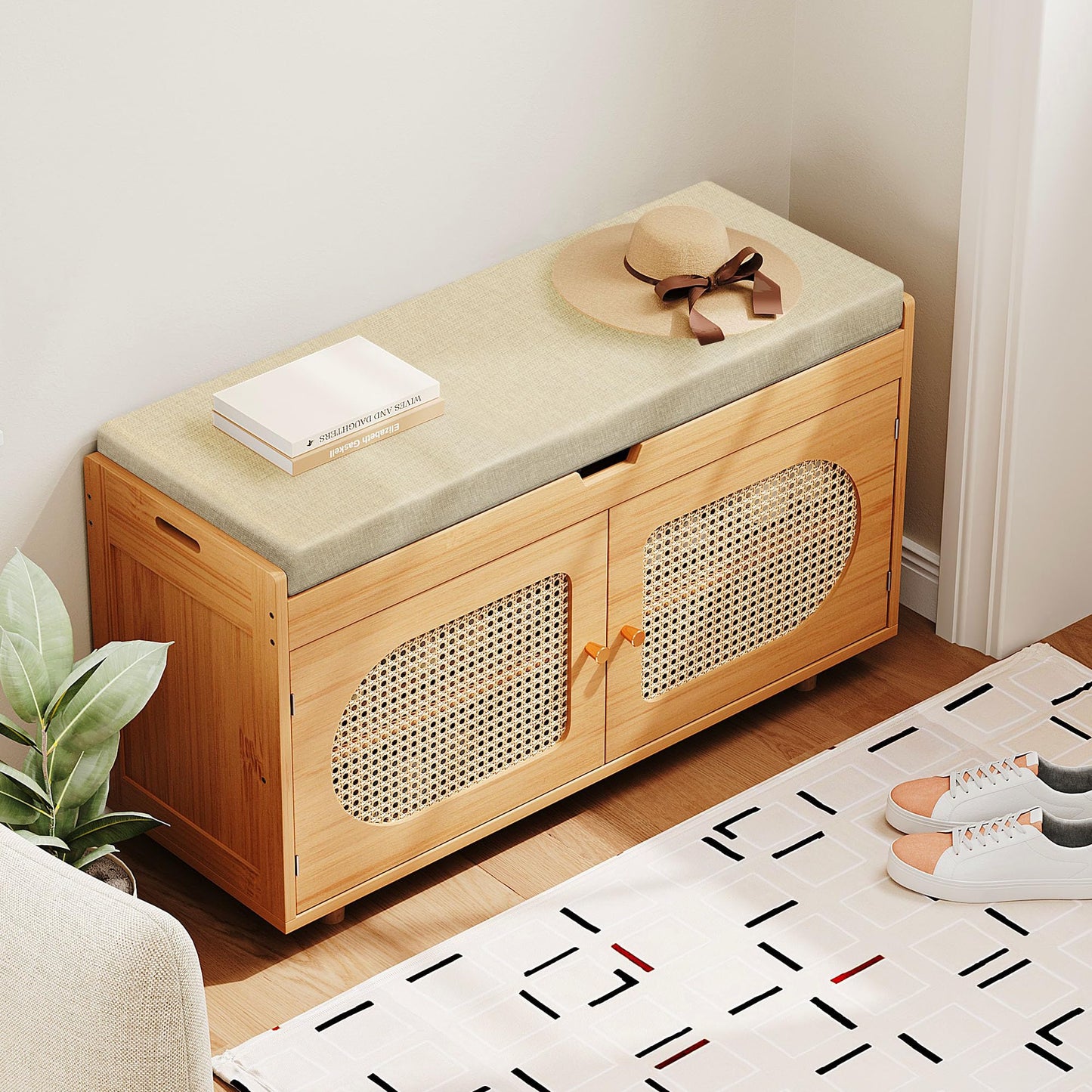 PETKABOO Rattan Shoe Storage Bench, 35.4" Bamboo Entryway Bench, 2-Tier Shoe Rack with 2 Doors & Padded Seat Cushion for Entryway, Living Room, Bedroom