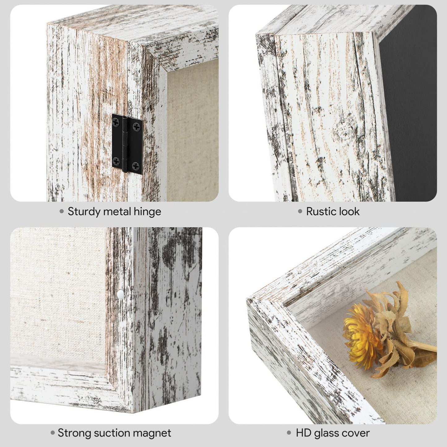 Califortree 8x10 Shadow Box Frame with Linen Back - Real Glass, Push Pins Included, Sturdy Rustic Memory Display Case, Fits 6.8x8.8 Inserts, Distressed White