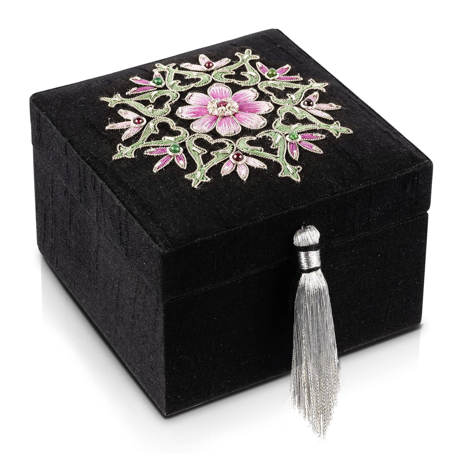 BoutiqueByMaryam Handmade Embroidered Jewelry Storage Box with Ruby Gemstone, Small Decorative Keepsake Box, Trinket Box, Memento Box, Gift Presentation Box, Home Décor Accent