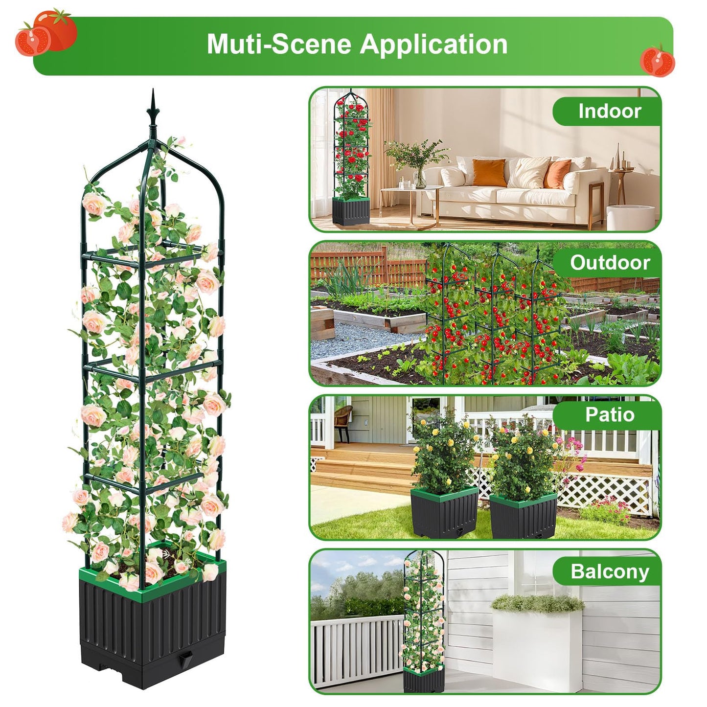 MQHUAYU Raised Garden Bed Planter Boxes with Trellis,1pcs 70.9" Self-Watering Tomato Planter Boxes with Trellis for Climbing Vegetables Plants Flowers Tomato,Use for Indoor Outdoor (Black)