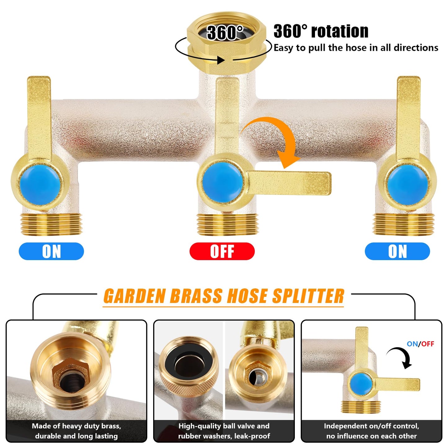 Upgraded Brass Garden Hose Splitter, 3/4" Hose Splitter 3 Way Heavy Duty with Extension Handles, Outdoor Faucet Splitter Water Spigot Splitter with Individual On/Off Valve