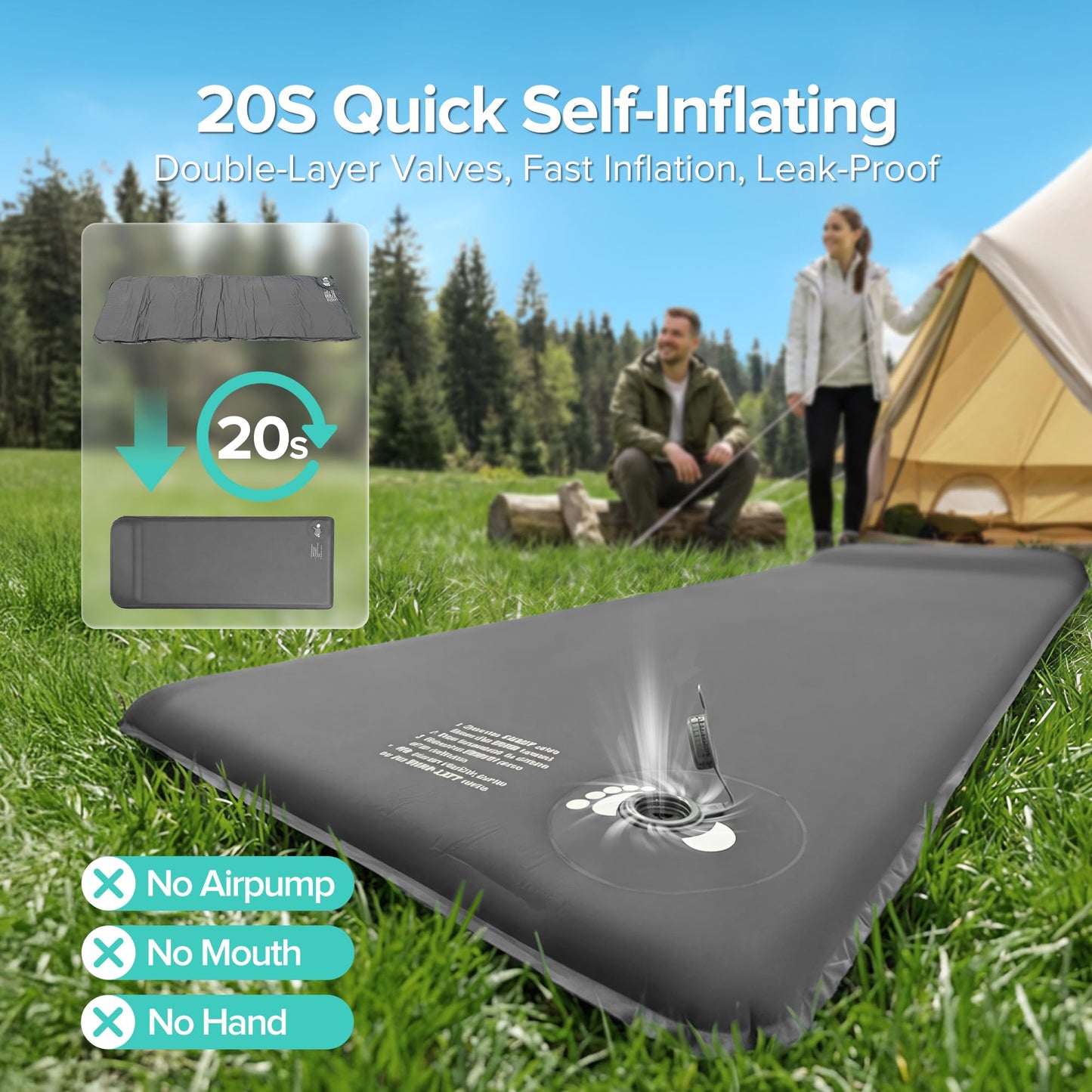 Andola Self-Inflating Sleeping Pad for Camping, 3" Ultra-Thick Outdoor Camping Mat with Pillow & 9.5 R-Value, Insulated All-Season Foam Camping Mattress for Camping Travel Tent Car