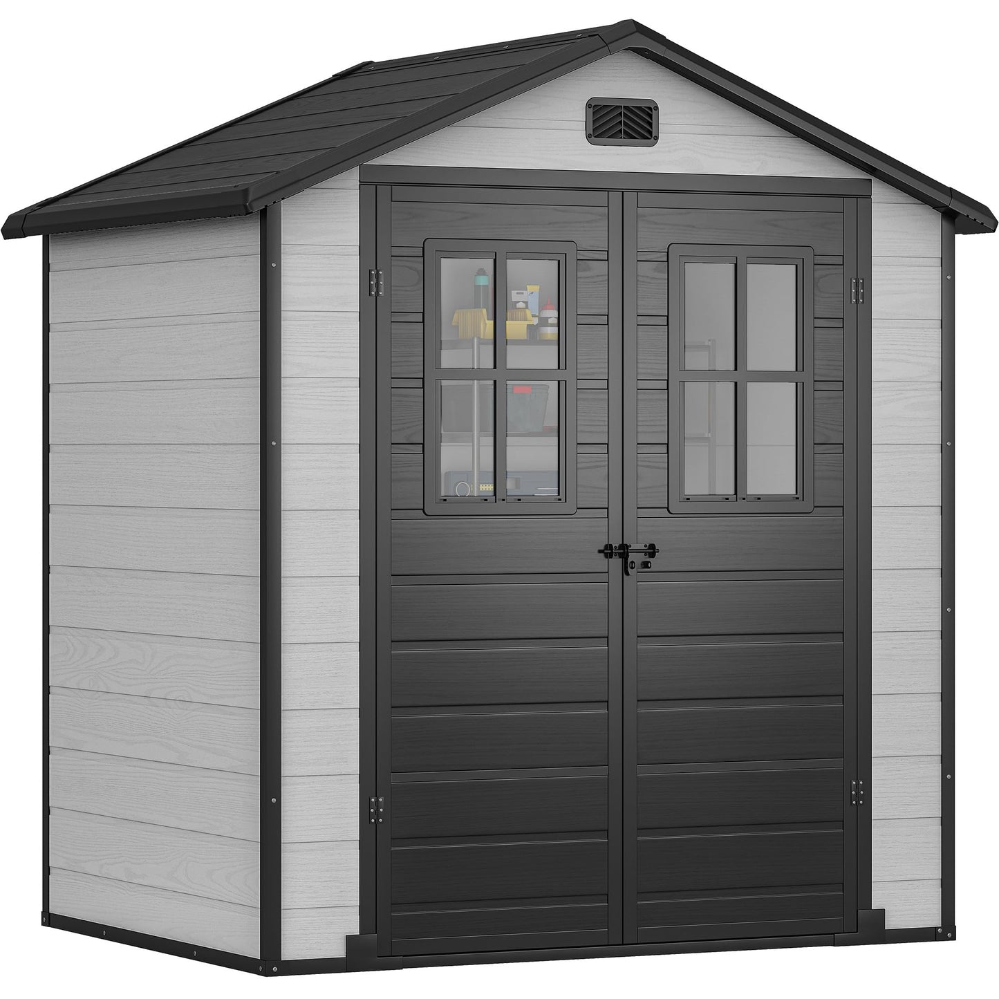 DWVO 6x4.4 FT Outdoor Storage Shed, Plastic Garden Tool Shed with 2 Windows, Double-Wall Outside Shed for Lawn Mower, Garden Tool for Backyard, Patio, Lawn