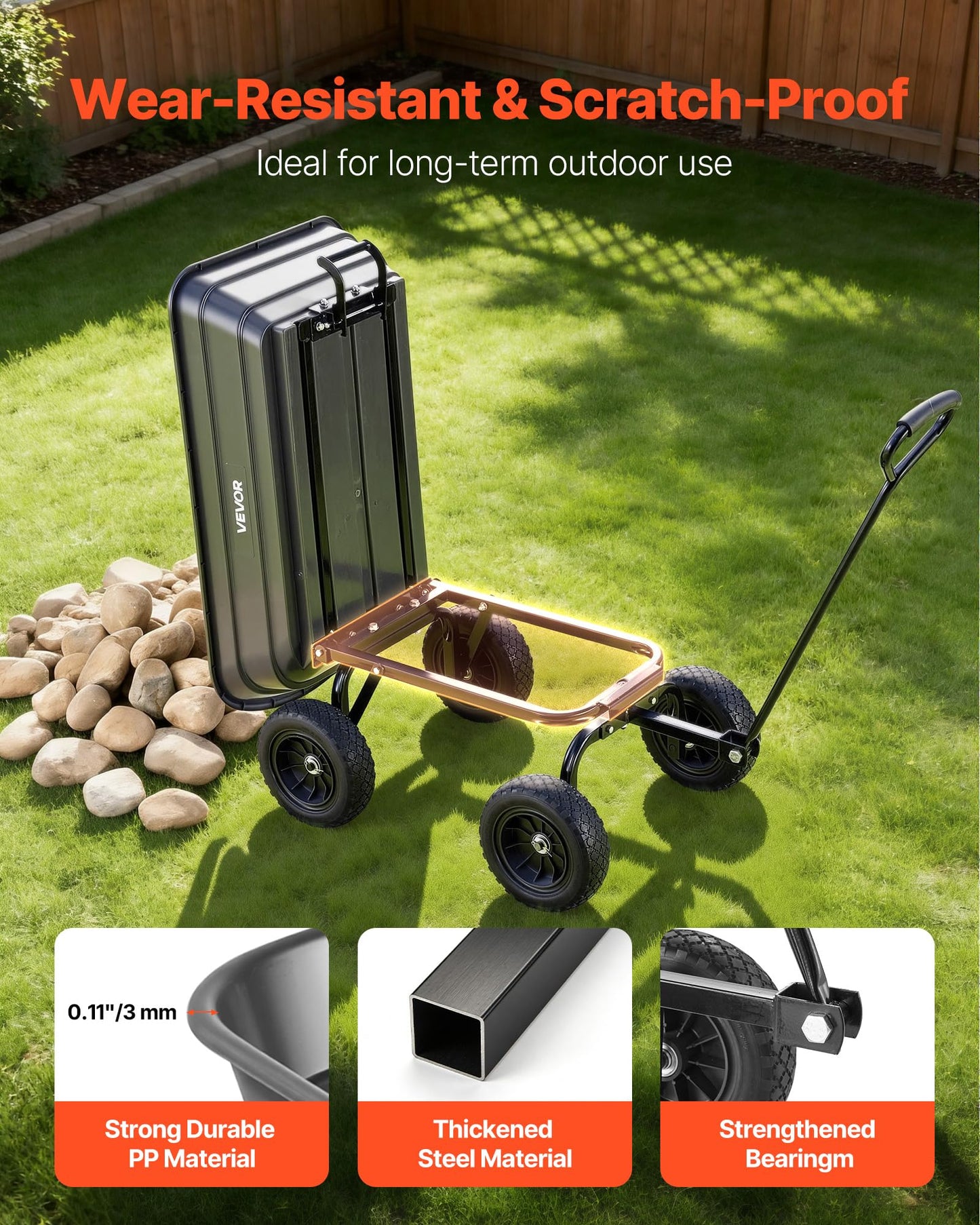 VEVOR 4 Cu.Ft 600LBS Poly Garden Cart Dump Wagon, 4 Wheel Heavy Duty Wheelbarrow with 10" Flat Free Tires, Yard Cart Dump Wagon with Quick-Release System