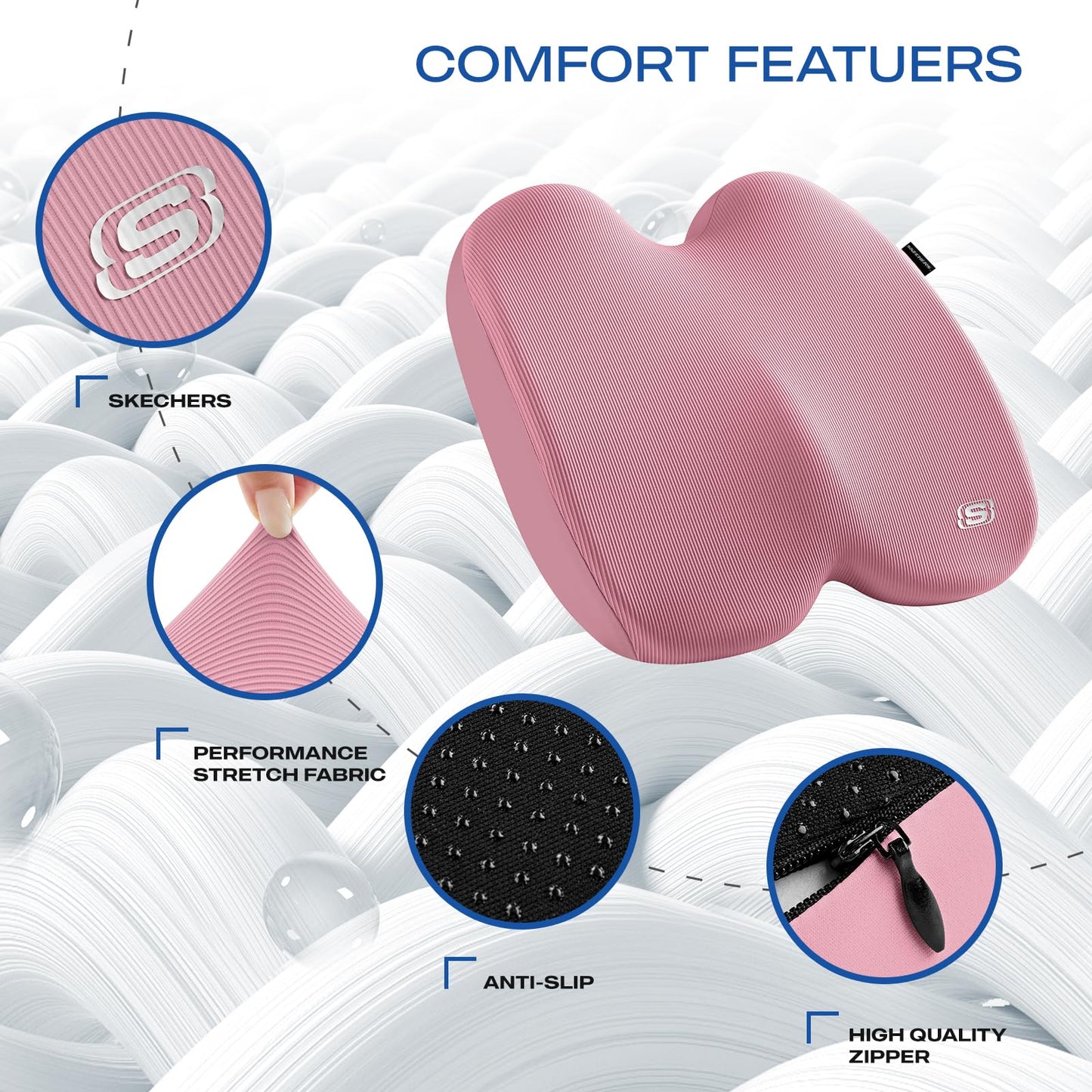 Skechers Seat Cushion, Ergonomic Memory Foam Cushion for Long Sitting Hours on Office & Home Chair, Car Seat Cushion for Sciatica, Coccyx Cushion,Pink