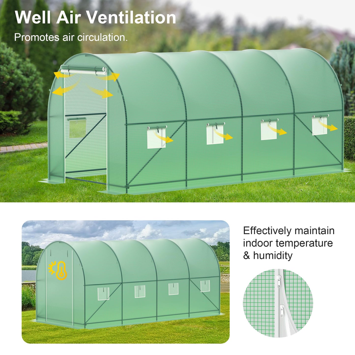 Greenhouse, 15’x7’x7’ Upgraded Walk-in Greenhouse with Spraying System, Heavy Duty Tunnel Green House with 6 Ventilated Mesh Windows & Zippered Roll-up Door, Large Plant Garden Hot House Outdoor