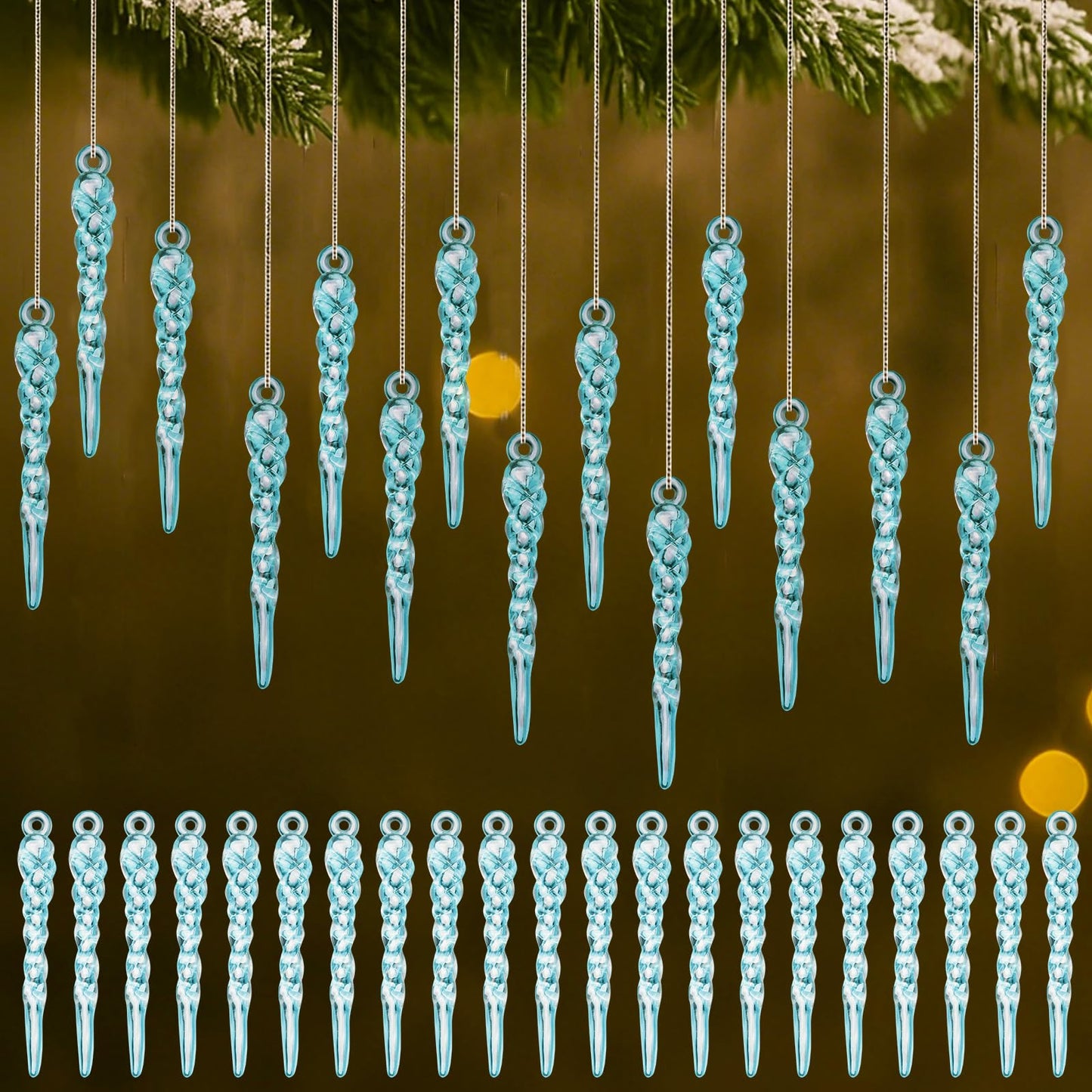 Cinnvoice Blue 36 Pcs Christmas Ornaments Mini Icicle Christmas Decoration Plastic Crystal Hanging Icicles Ornaments for Xmas Tree Winter Wedding Party Decor