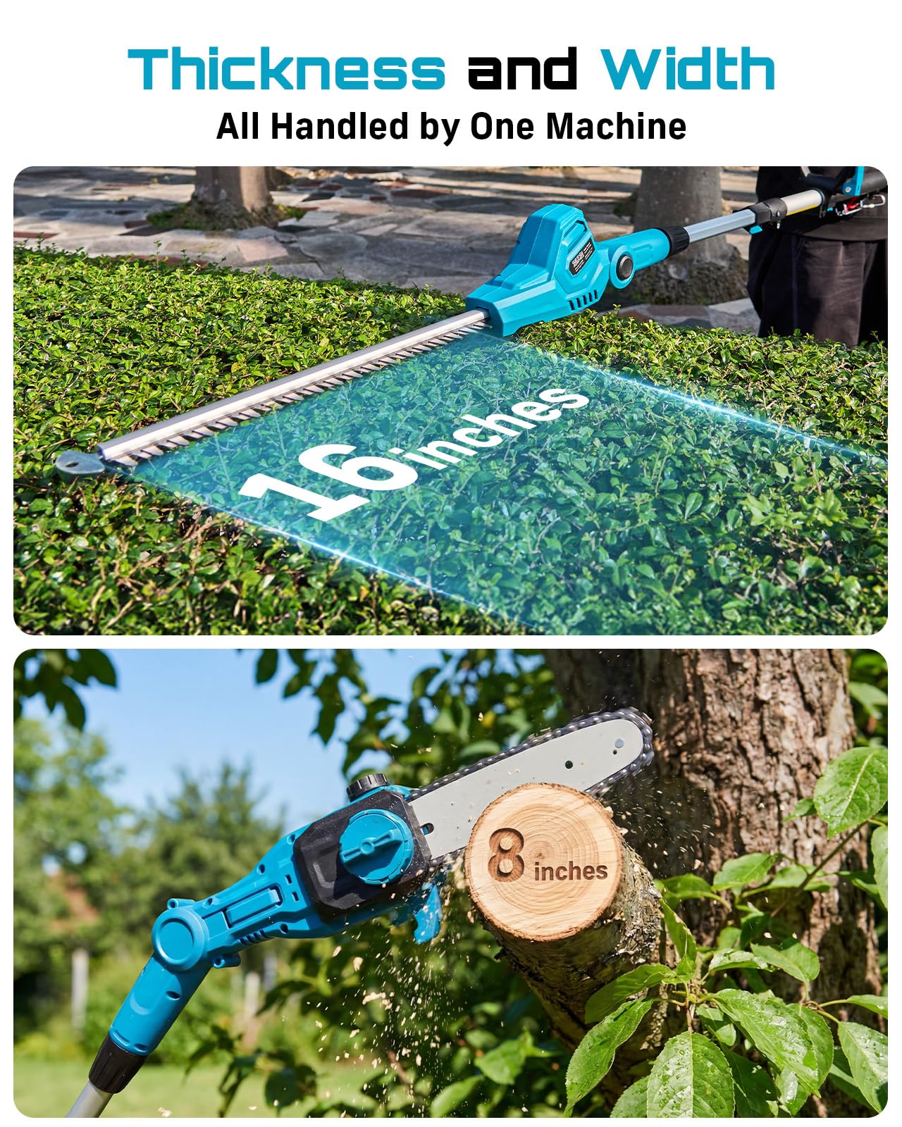 SEESII 2-in-1 Cordless Pole Saw & Hedge Trimmer Combo, 8" Electric Pole Chainsaw with 2×4.0 Ah Batteries, 16-Inch Extension Pole Hedge Trimmer, Bush Tree Pruner Limb Branch Cutter, 15ft Long Reach